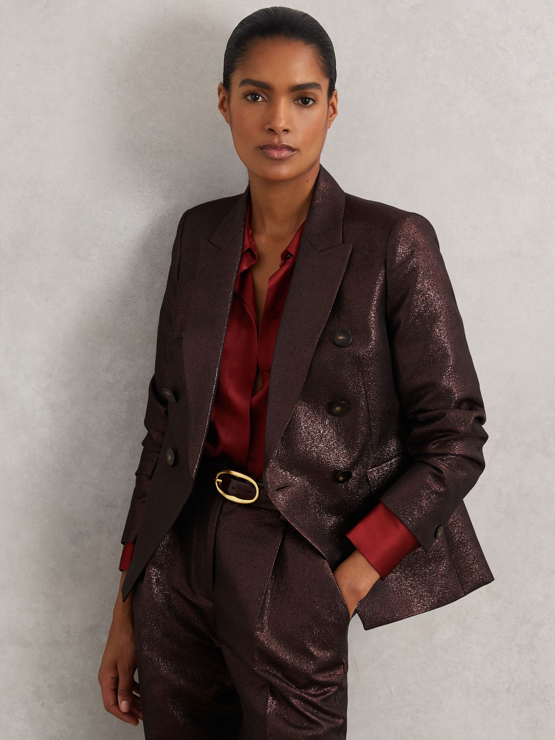 Double-Breasted Metallic Suit Blazer with Cotton in Burgundy - Image 3 of 7