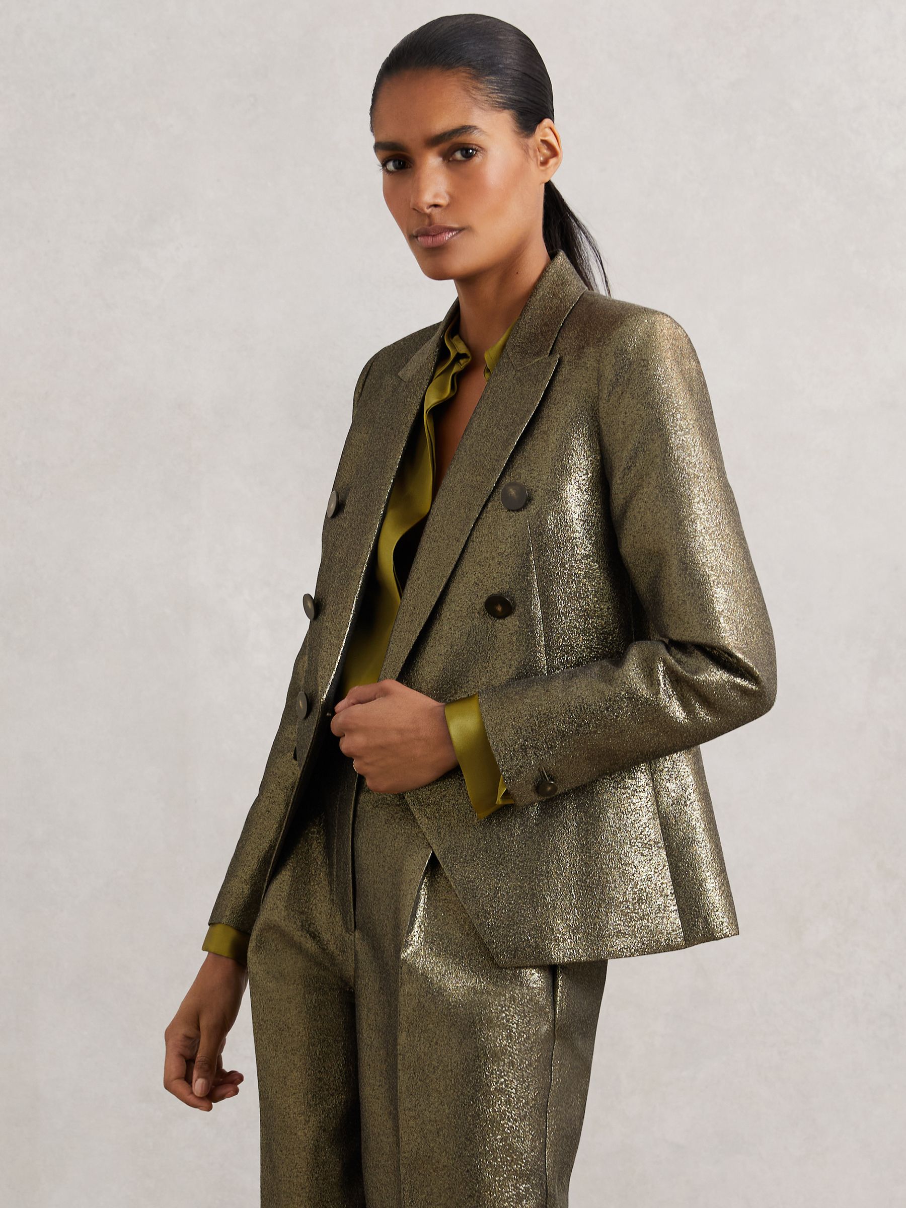 Double-breasted Metallic Suit Blazer With Cotton