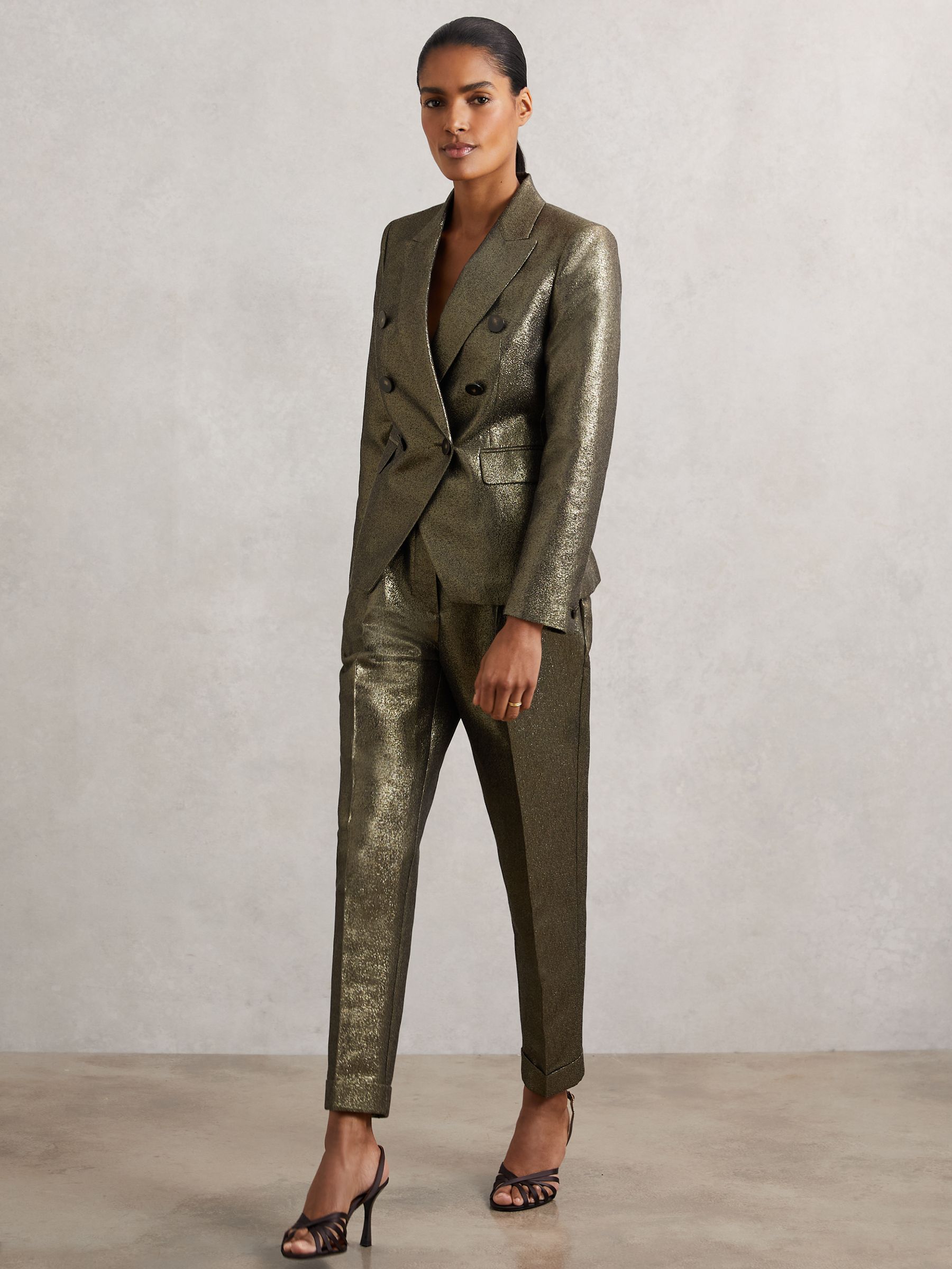 Petite Double-Breasted Metallic Suit Blazer with Cotton in Gold - Image 3 of 7