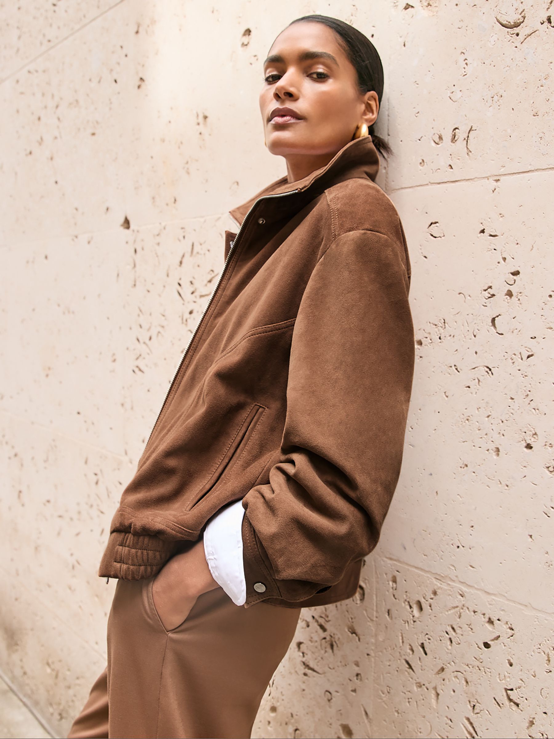 Suede Funnel-Neck Bomber Jacket in Tan - Image 1 of 7