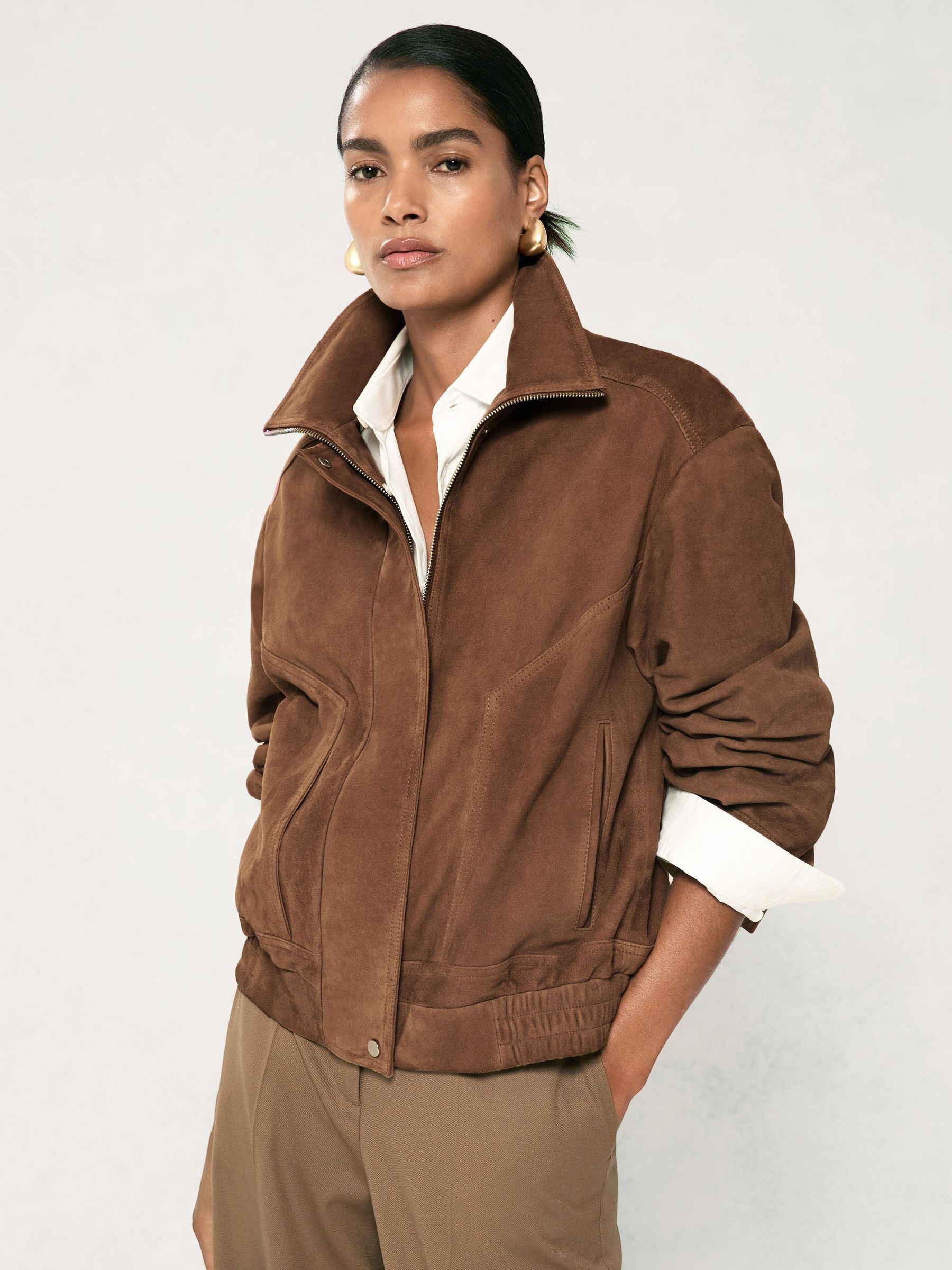 Suede Funnel-Neck Bomber Jacket in Tan - Image 5 of 7