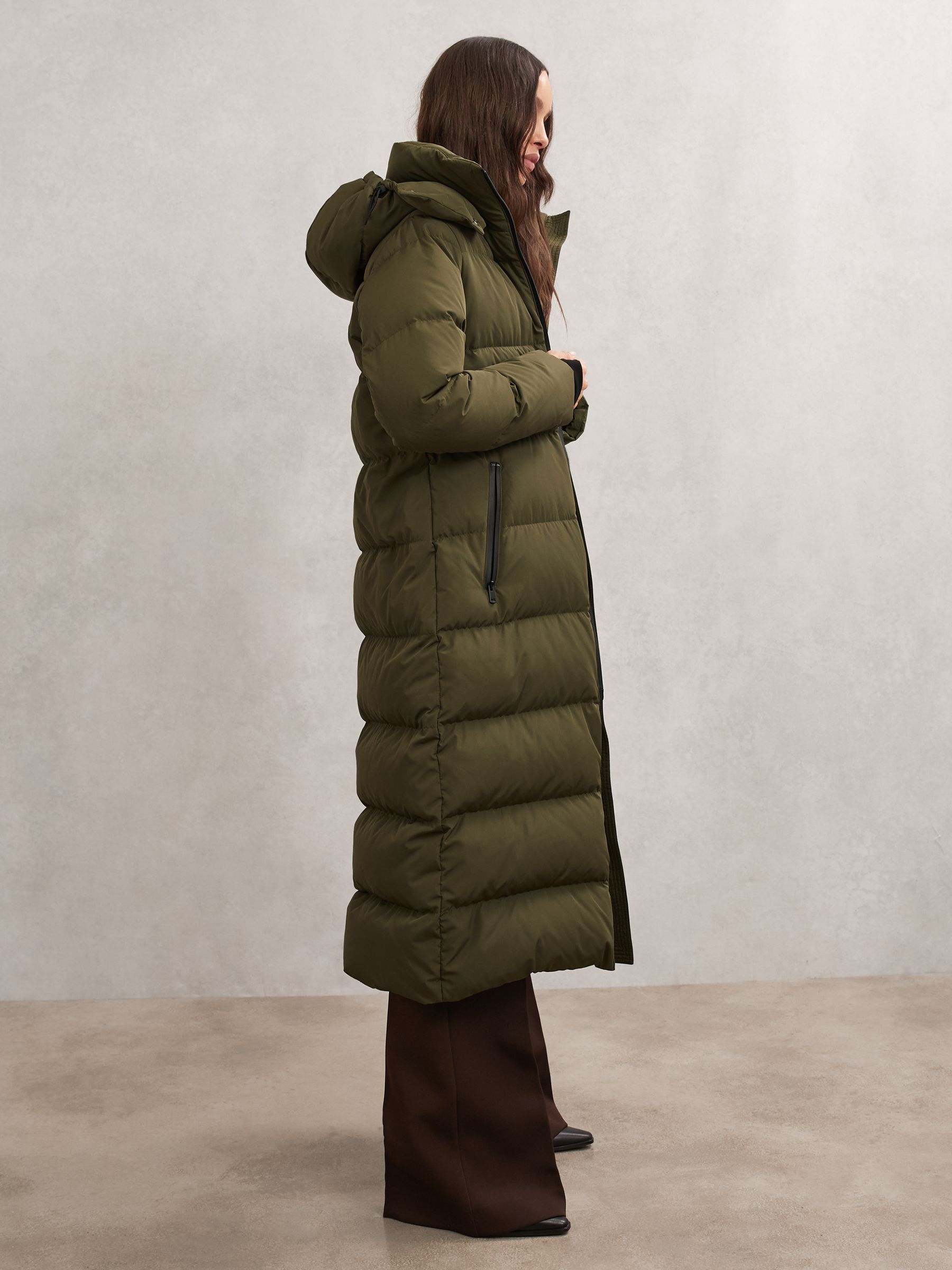 Belted Longline Hooded Puffer Coat in Khaki - Image 1 of 6