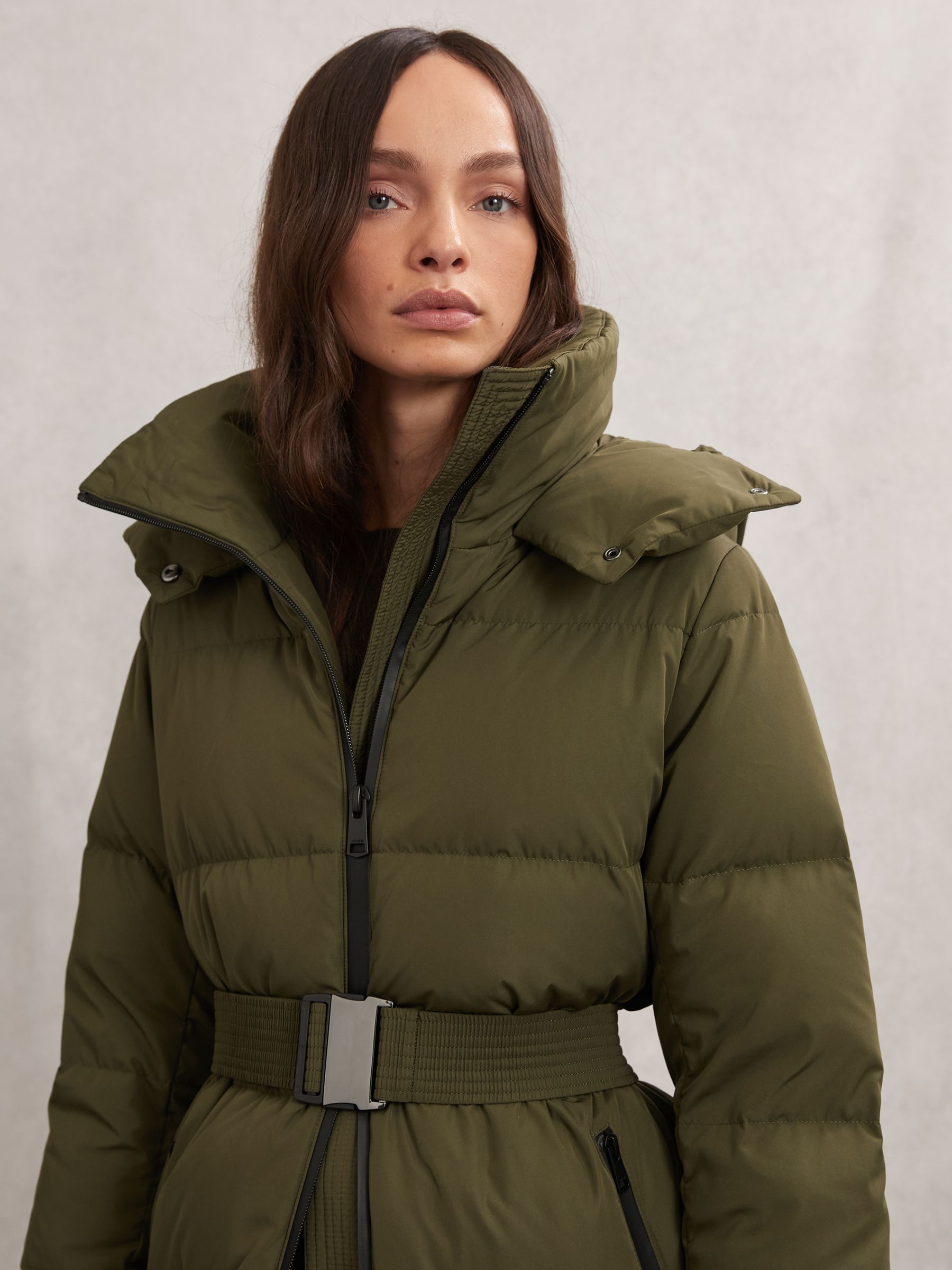 Belted Longline Hooded Puffer Coat in Khaki - Image 3 of 6
