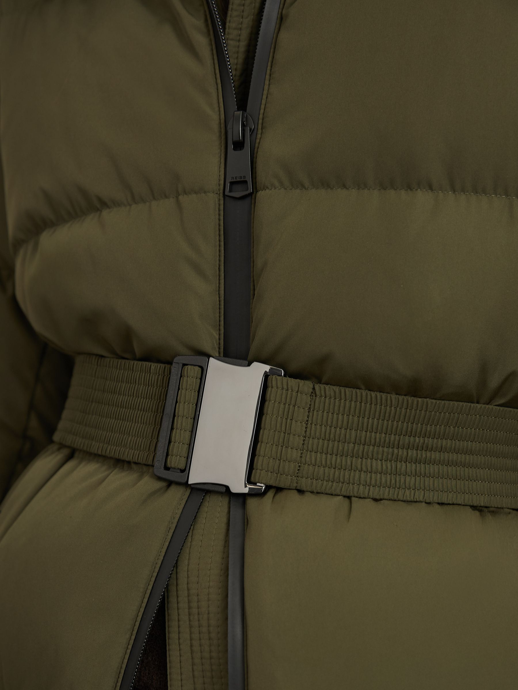 Belted Longline Hooded Puffer Coat in Khaki - Image 4 of 6