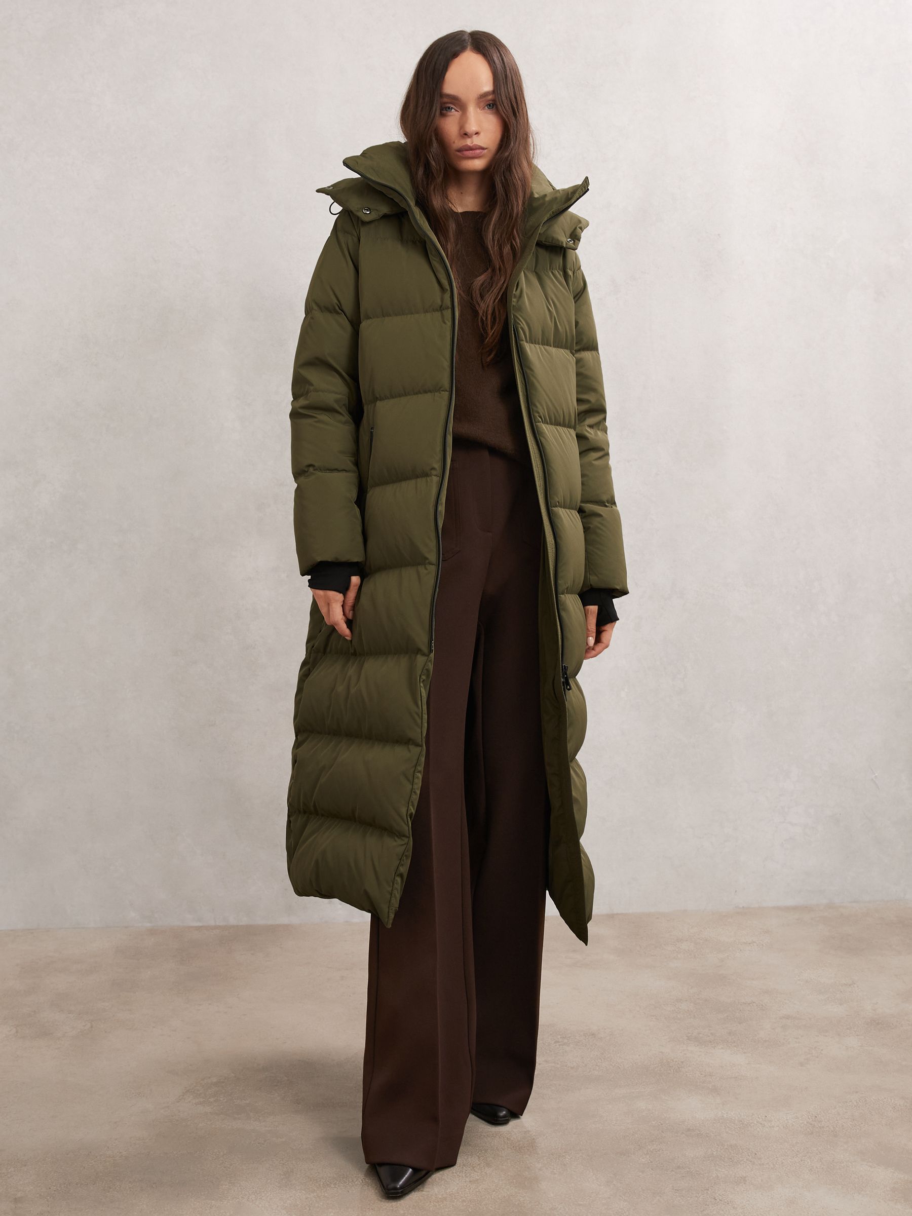 Belted Longline Hooded Puffer Coat in Khaki - image 3