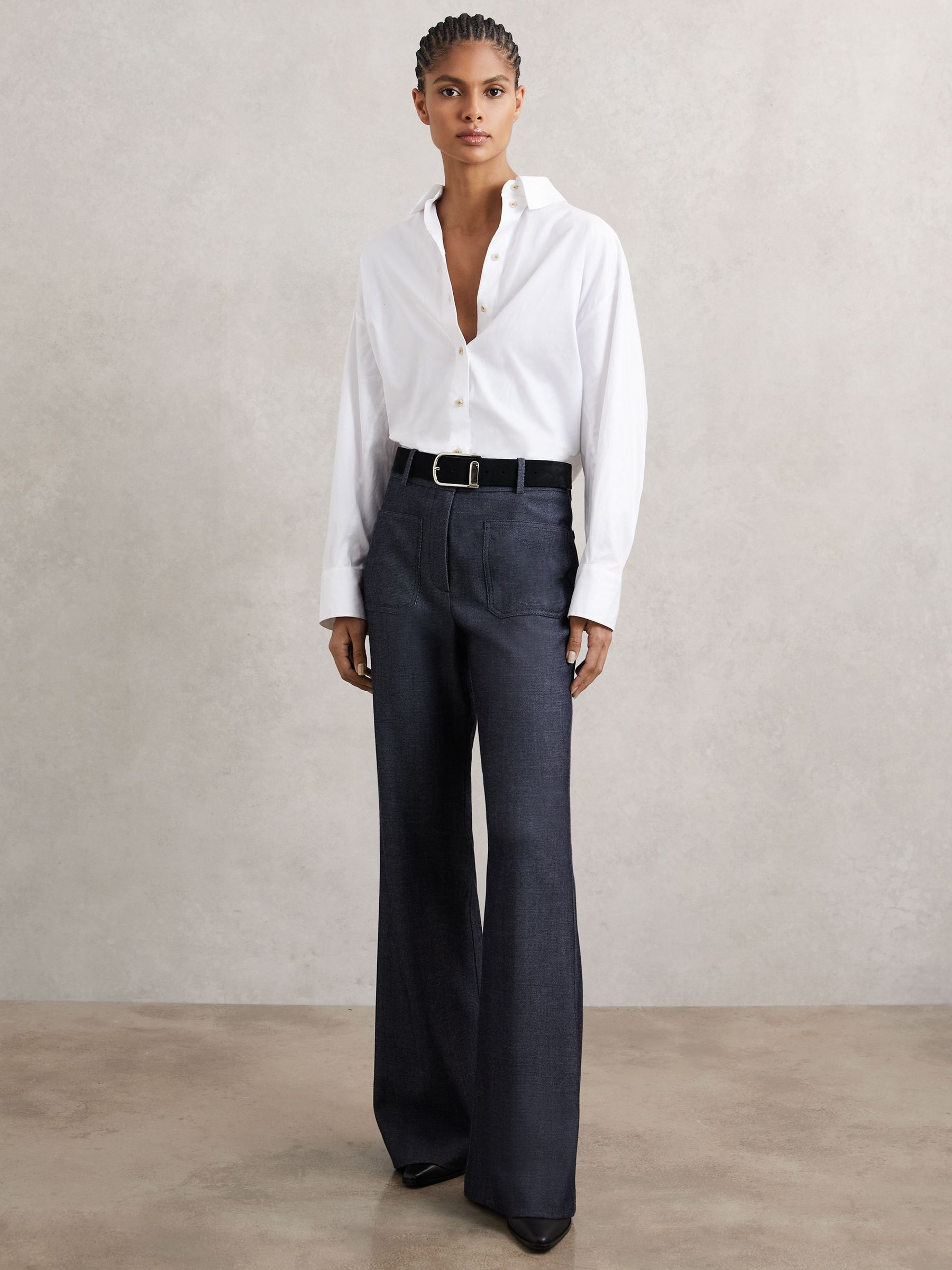 Flannel Patch-Pocket Flared Trousers with Wool in Blue - Image 3 of 7