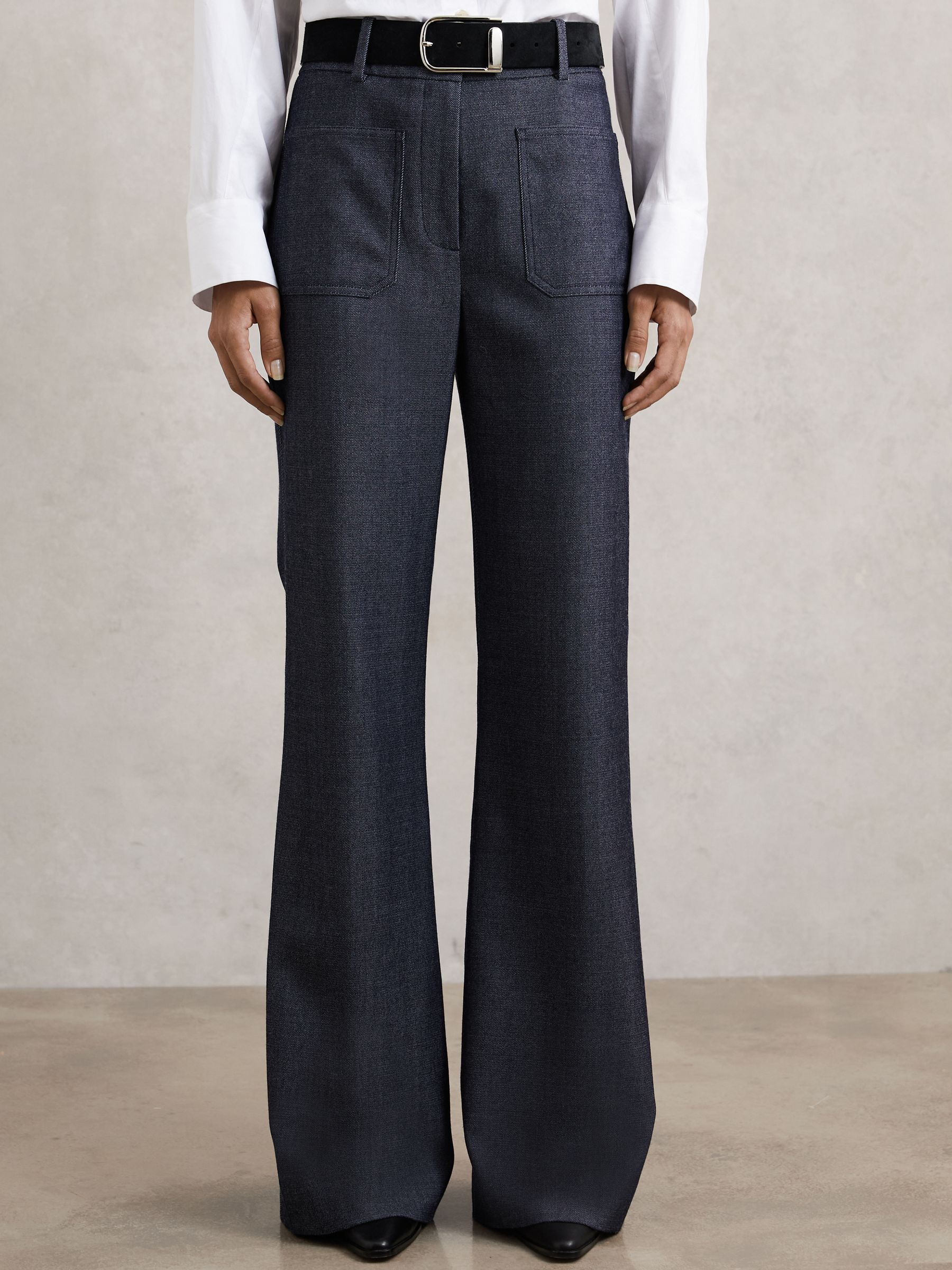 Flannel Patch-Pocket Flared Trousers with Wool in Blue - Image 5 of 7