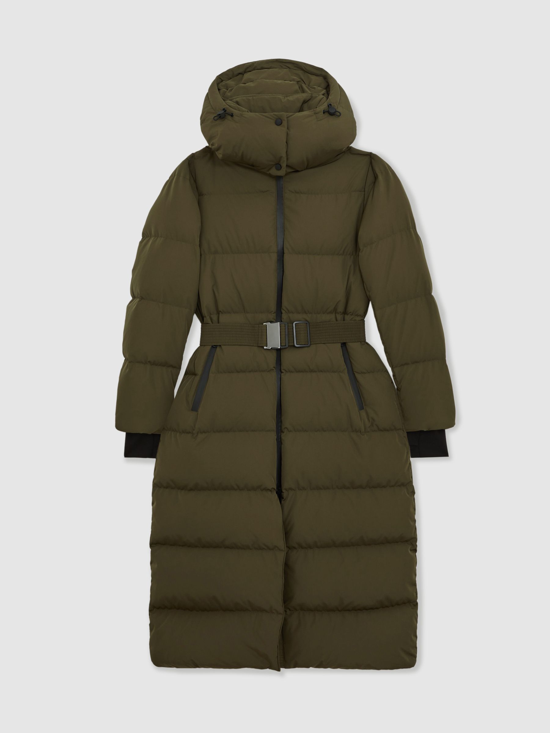 Petite Belted Longline Hooded Puffer Coat in Khaki - Image 2 of 7