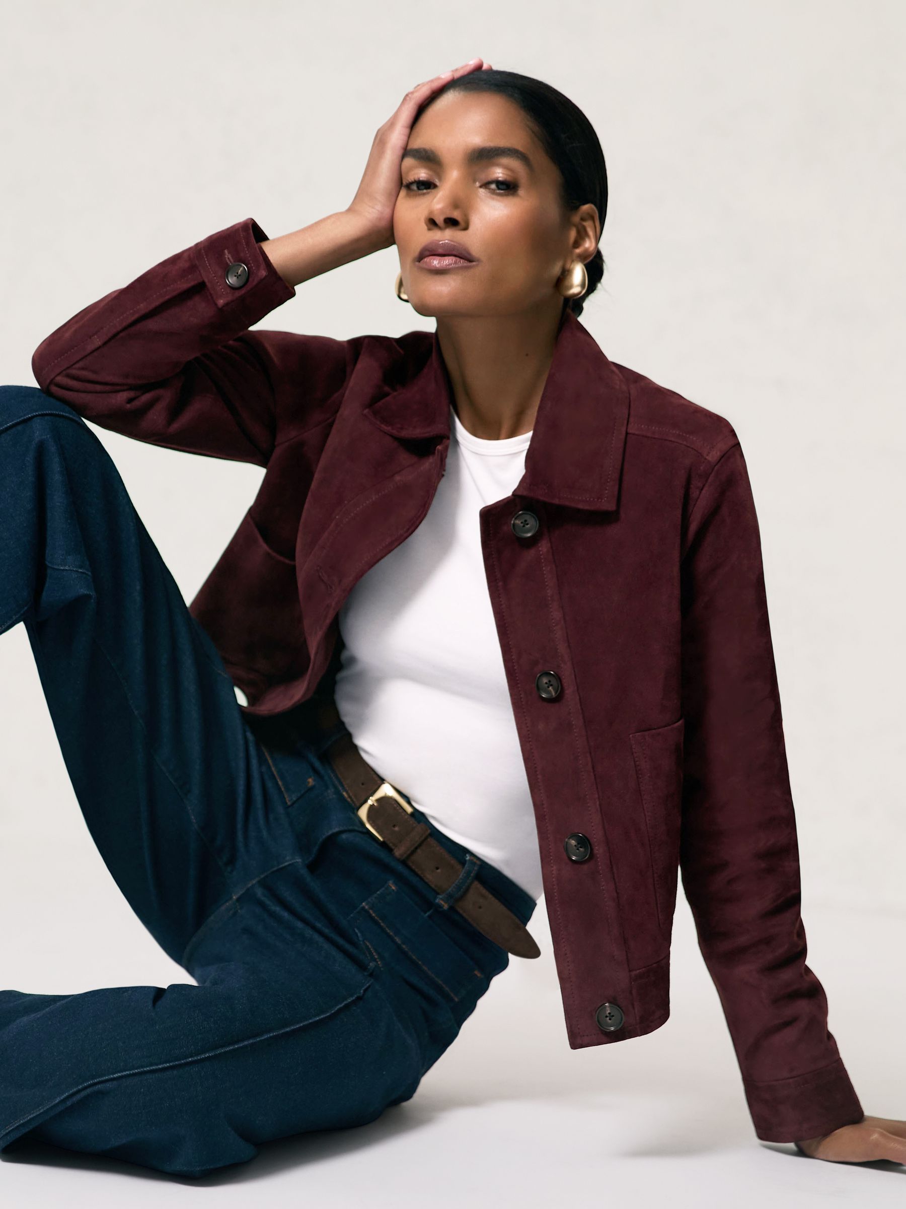 Suede Button-Through Jacket in Burgundy - Image 1 of 6 Suede Button-Through Jacket in Burgundy - Image 1 of 6