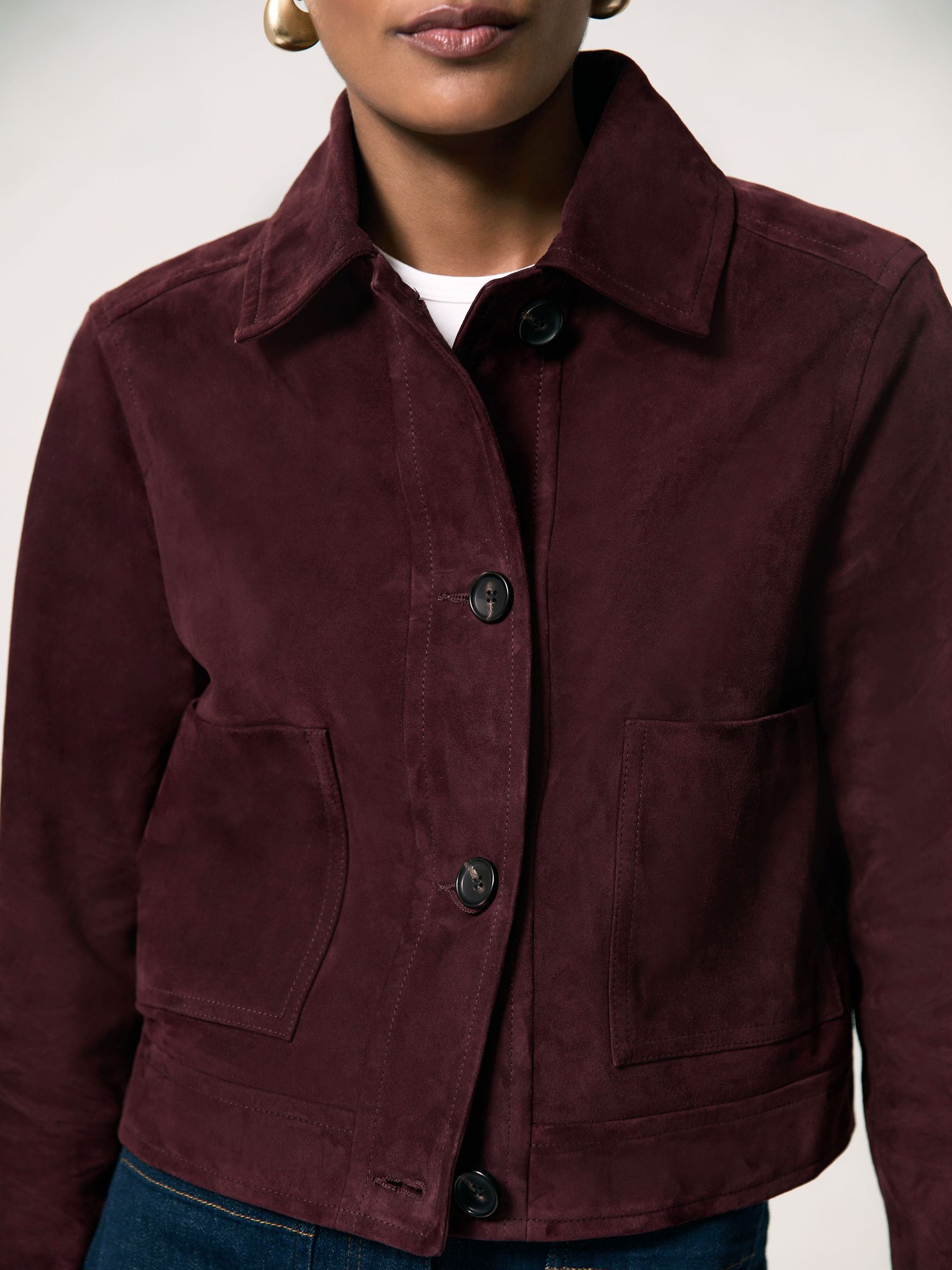 Suede Button-Through Jacket in Burgundy - Image 4 of 6