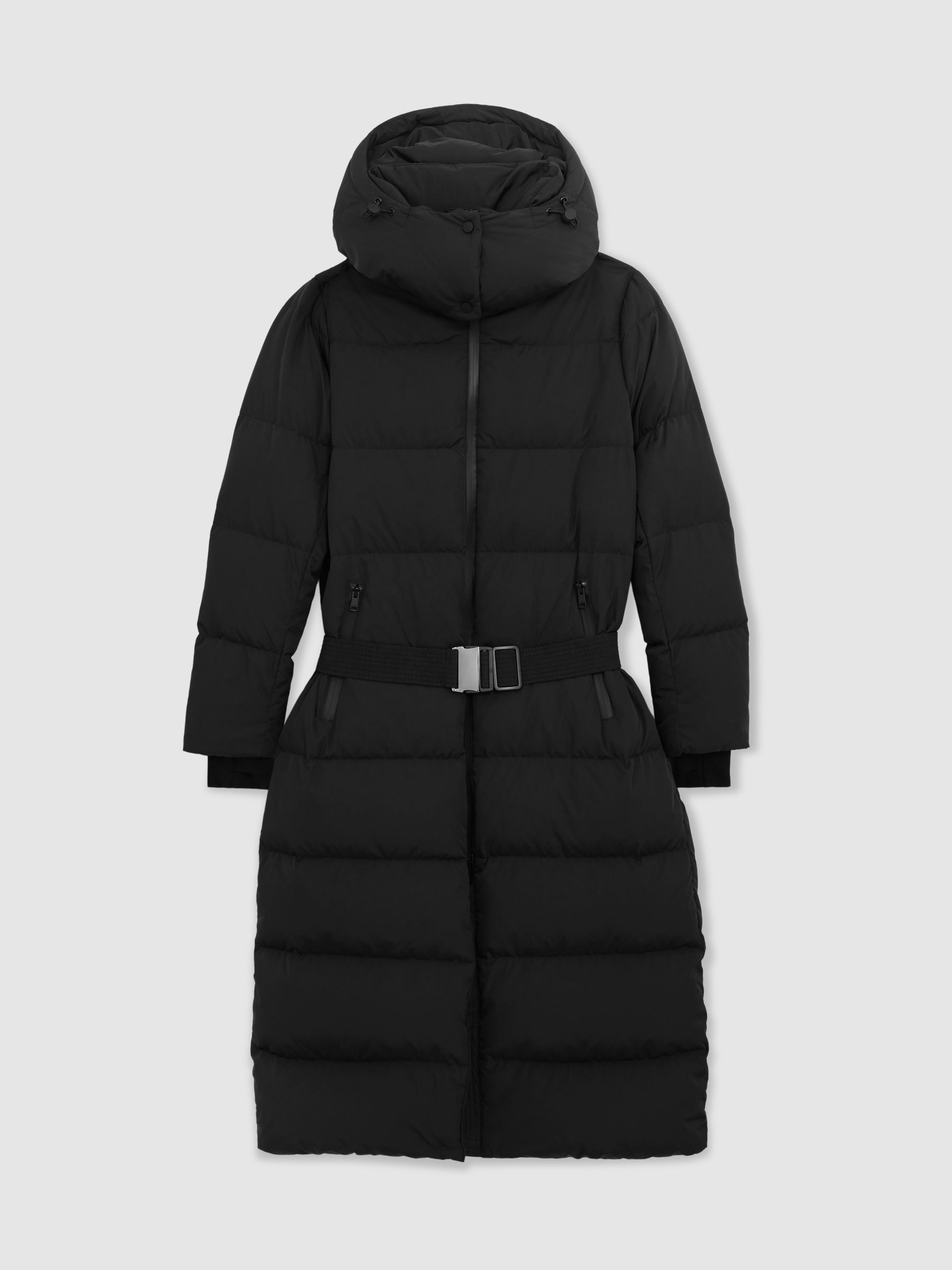 Petite Belted Longline Hooded Puffer Coat in Black