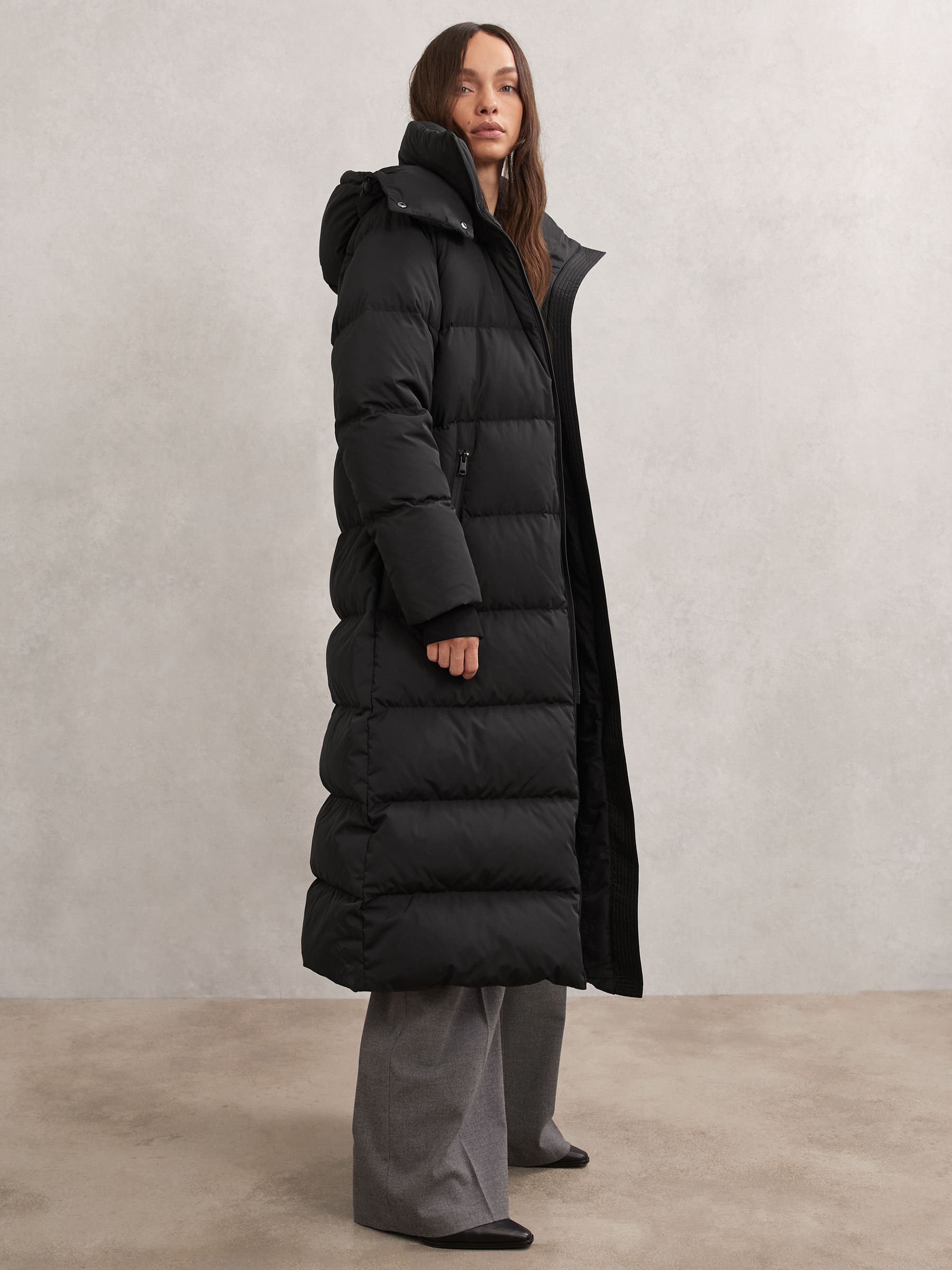 Petite Belted Longline Hooded Puffer Coat in Black - Image 3 of 7