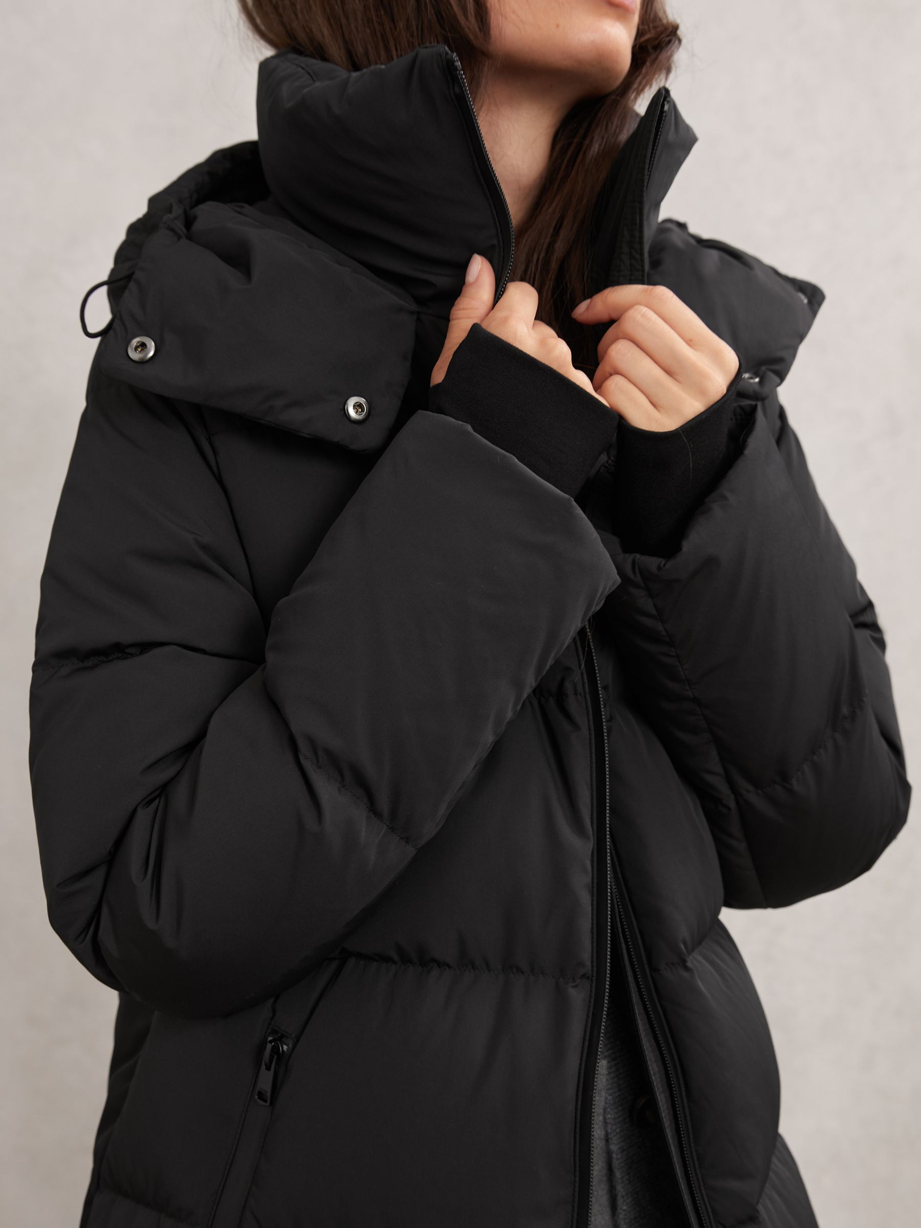 Petite Belted Longline Hooded Puffer Coat in Black - Image 5 of 7
