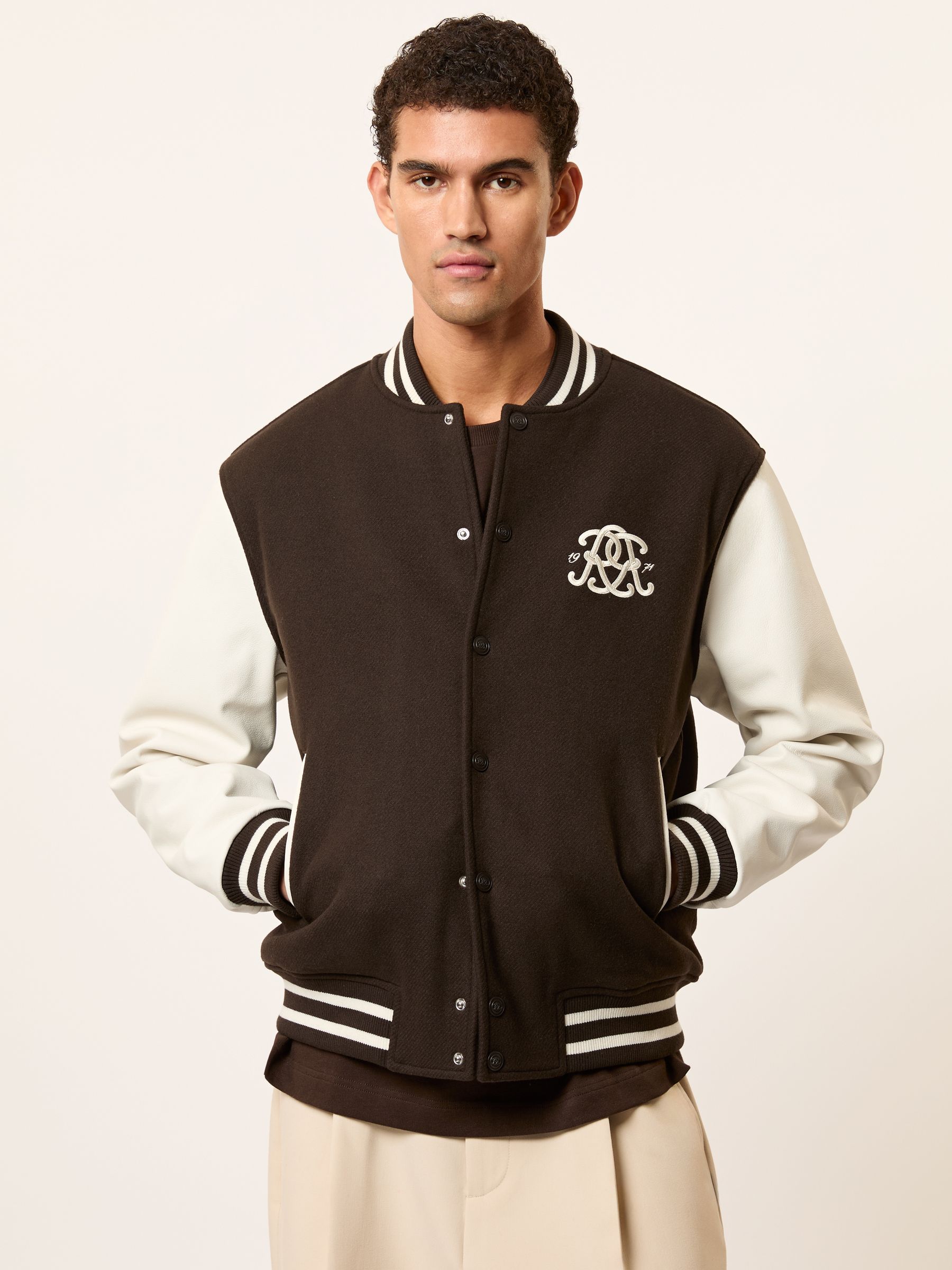 Reiss Monogram Relaxed Varsity Jacket in Brown/White | REISS