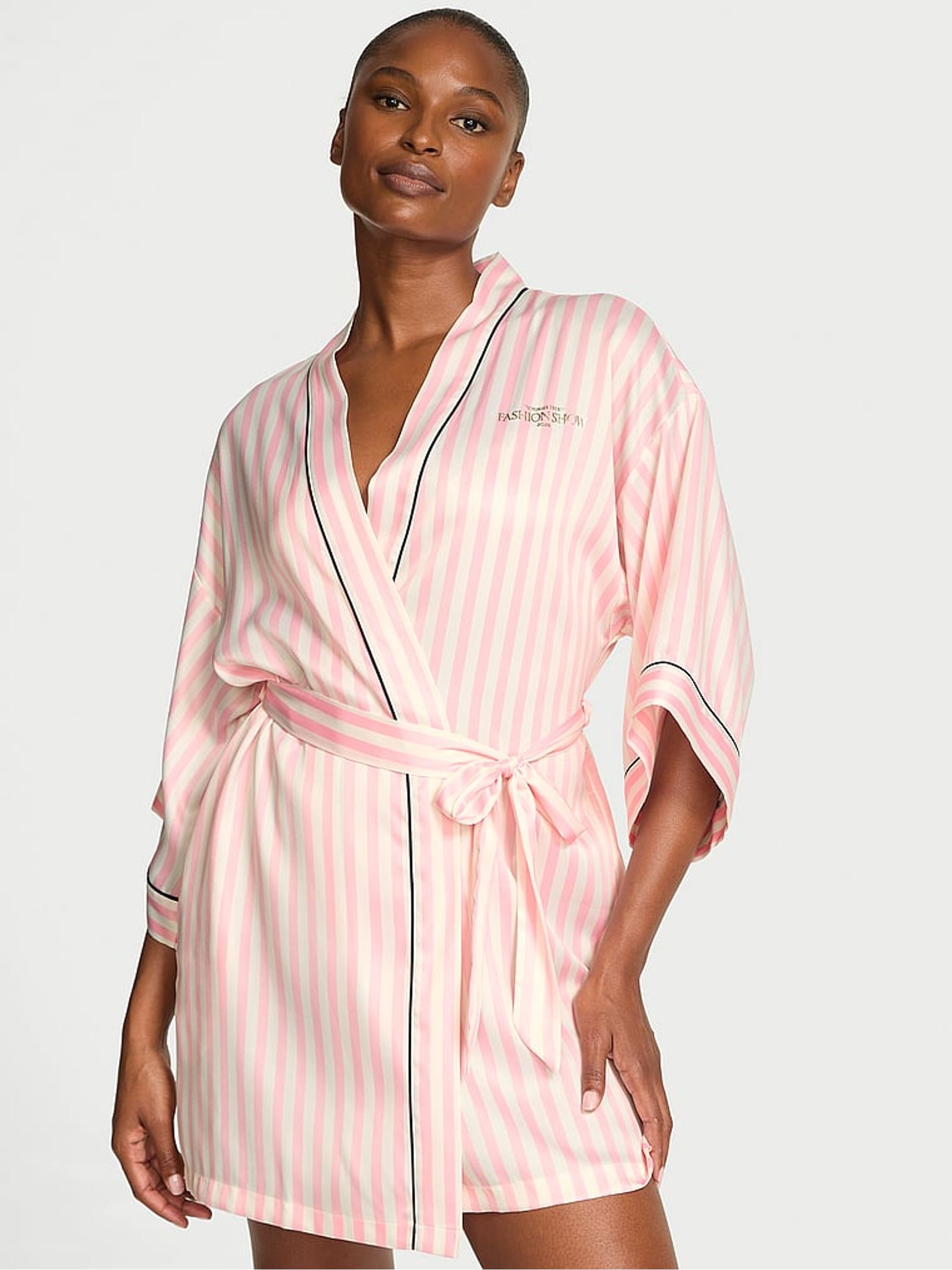Pink Iconic Stripe Fashion Show Satin Short Piped Robe - Image 1 of 3