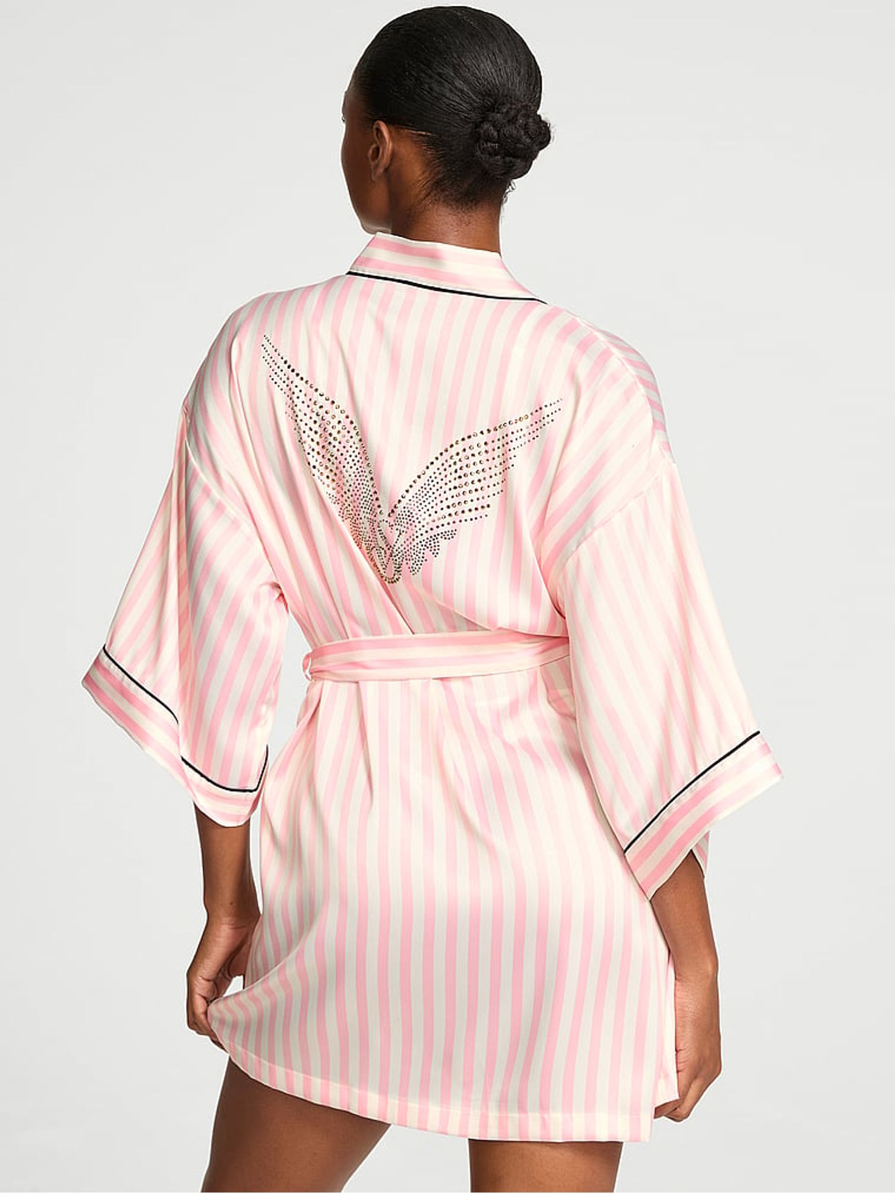 Pink Iconic Stripe Fashion Show Satin Short Piped Robe - Image 2 of 3