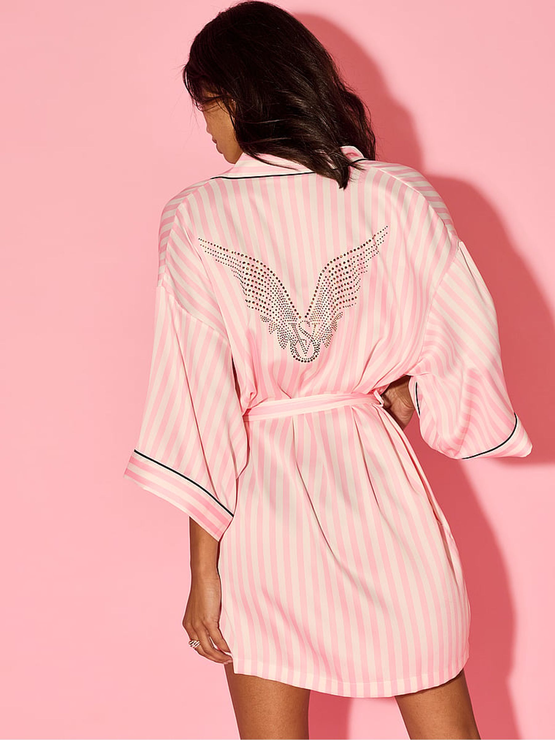 Pink Iconic Stripe Fashion Show Satin Short Piped Robe - Image 3 of 3