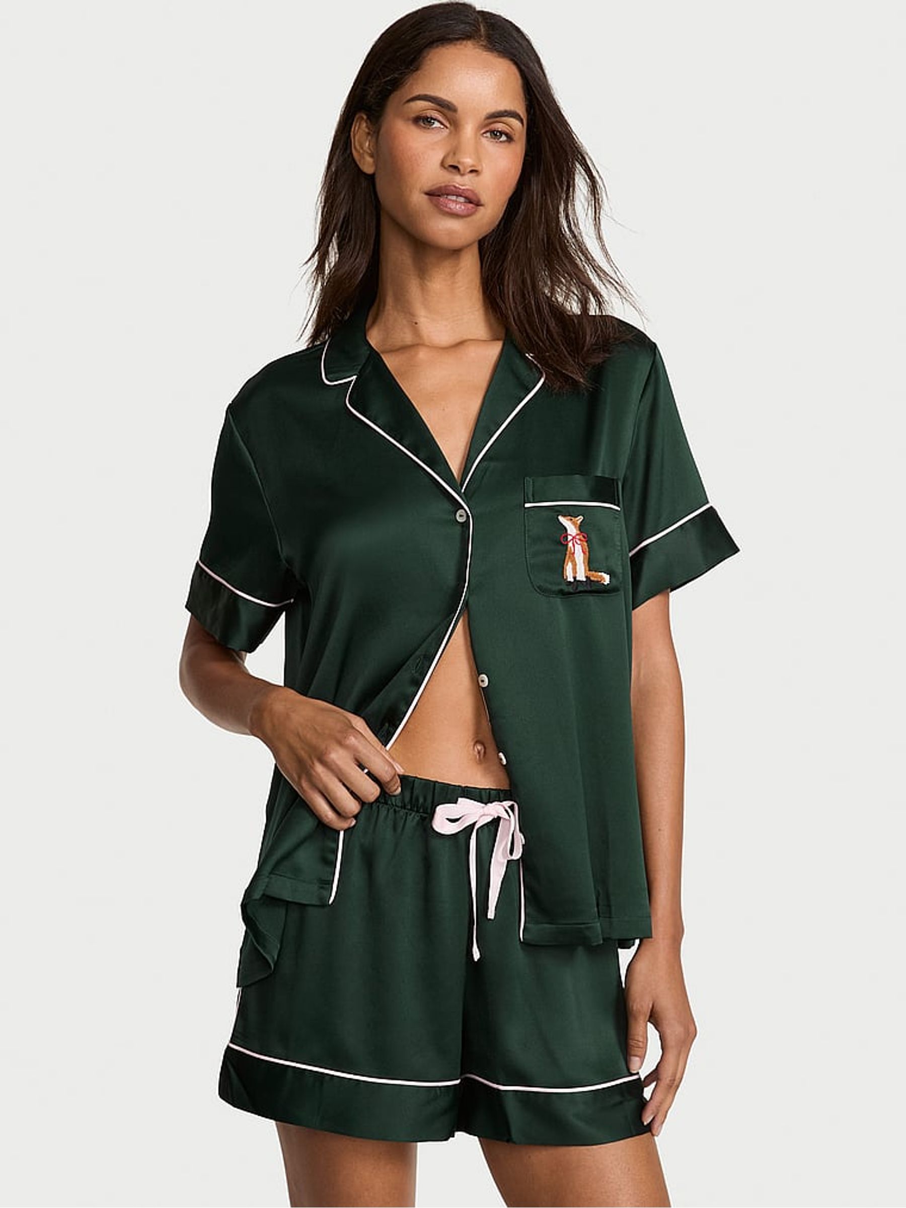 Cliantro Green Fox Pocket Satin Short Pyjamas Set - Image 1 of 3