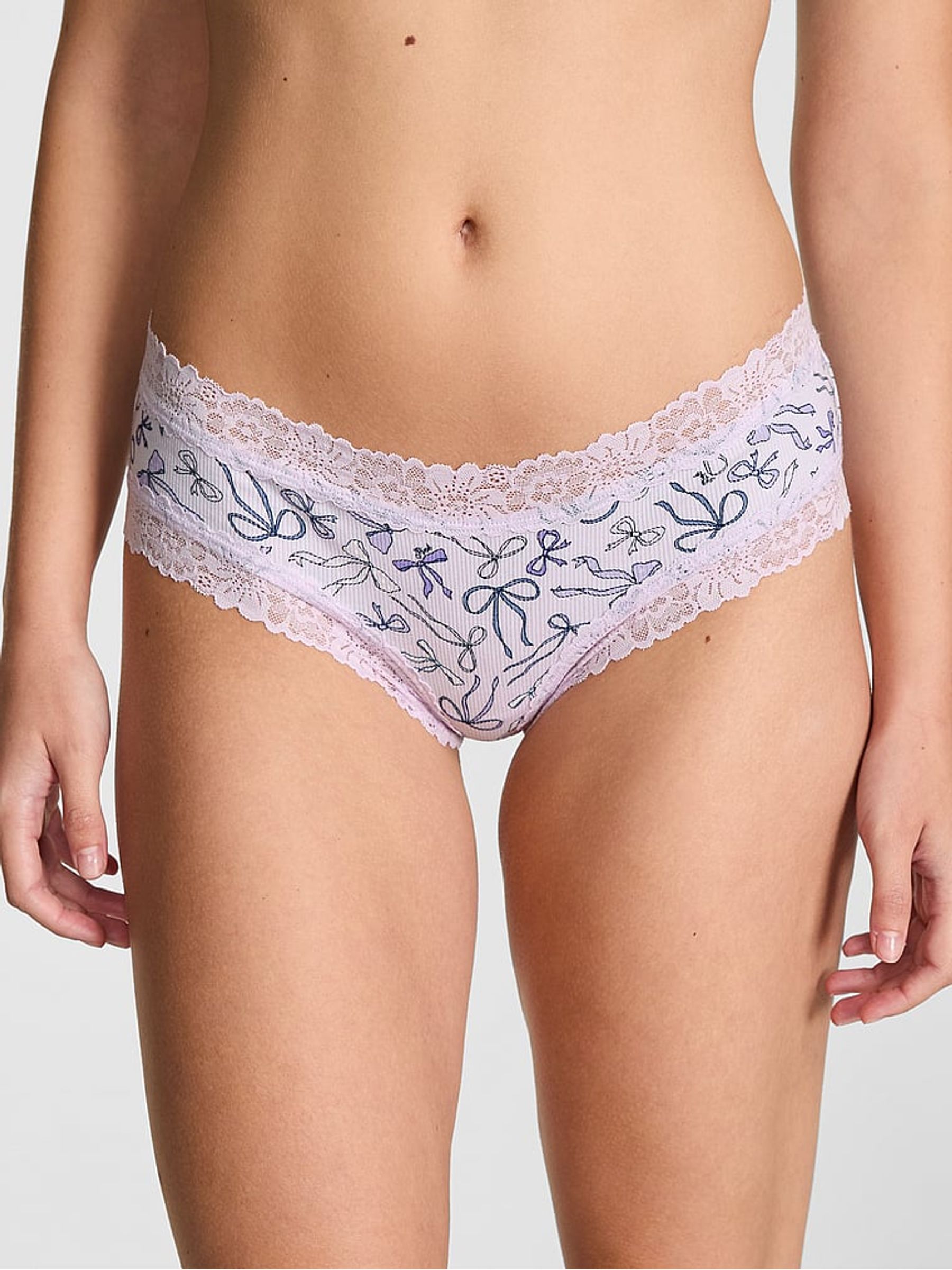 Purple Bow Print Cheeky Lace Trim Rib Knickers - Image 1 of 3