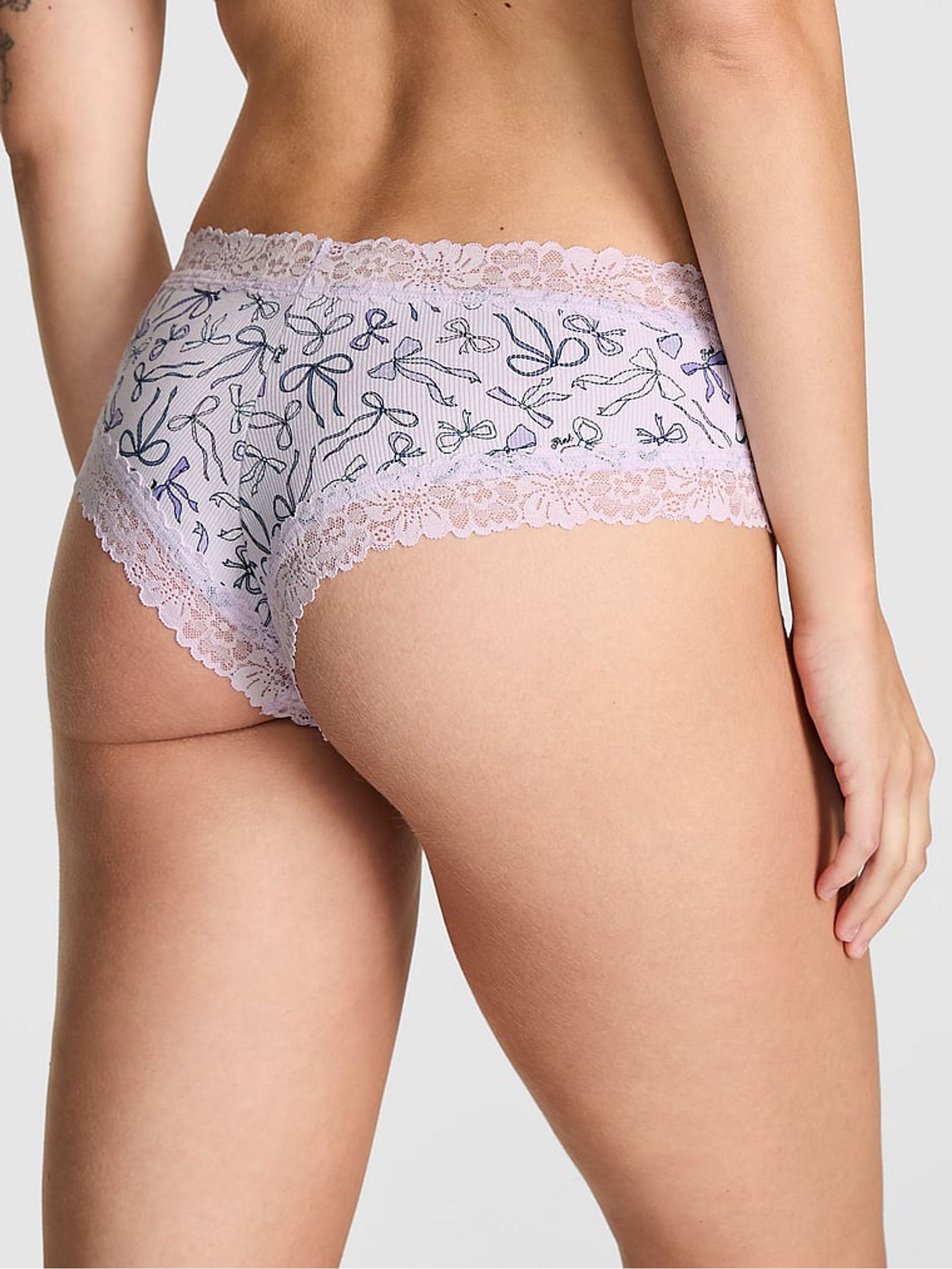 Purple Bow Print Cheeky Lace Trim Rib Knickers - Image 2 of 3