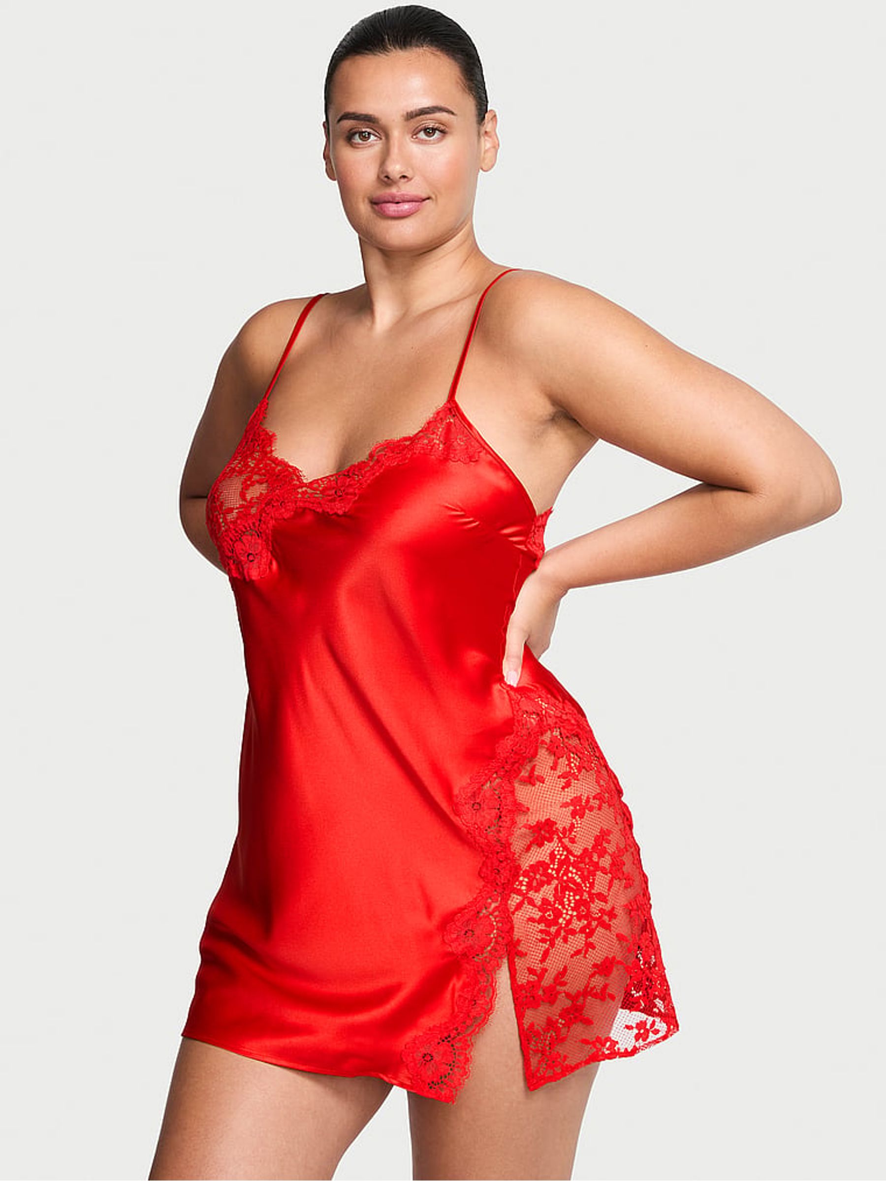 Bright Vermillion Red Mini Lace & Satin Slip - Image 1 of 2 Bright Vermillion Red Mini Lace & Satin Slip - Image 1 of 2