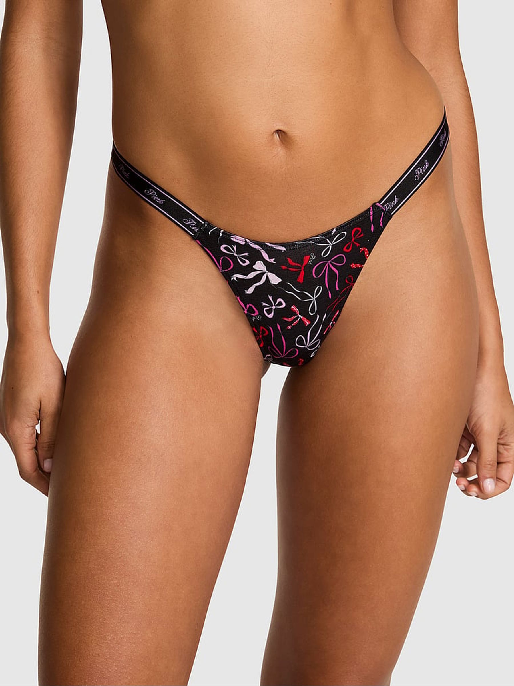 Black Bow Print Mini Scoop Thong Cotton Logo Knickers - Image 1 of 2