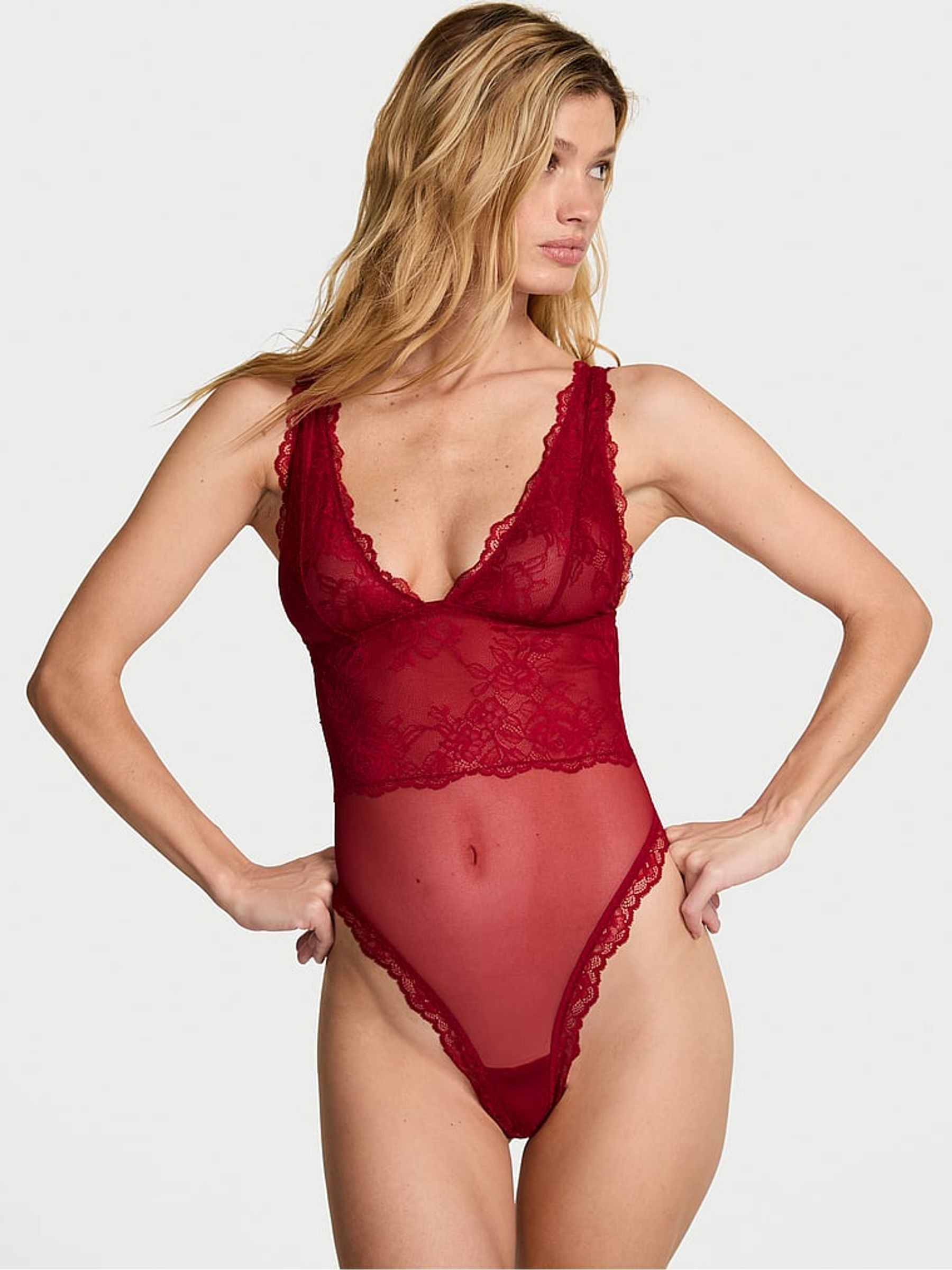 Red Lacquer Sheer Rose Lace Bodysuit - Image 1 of 2