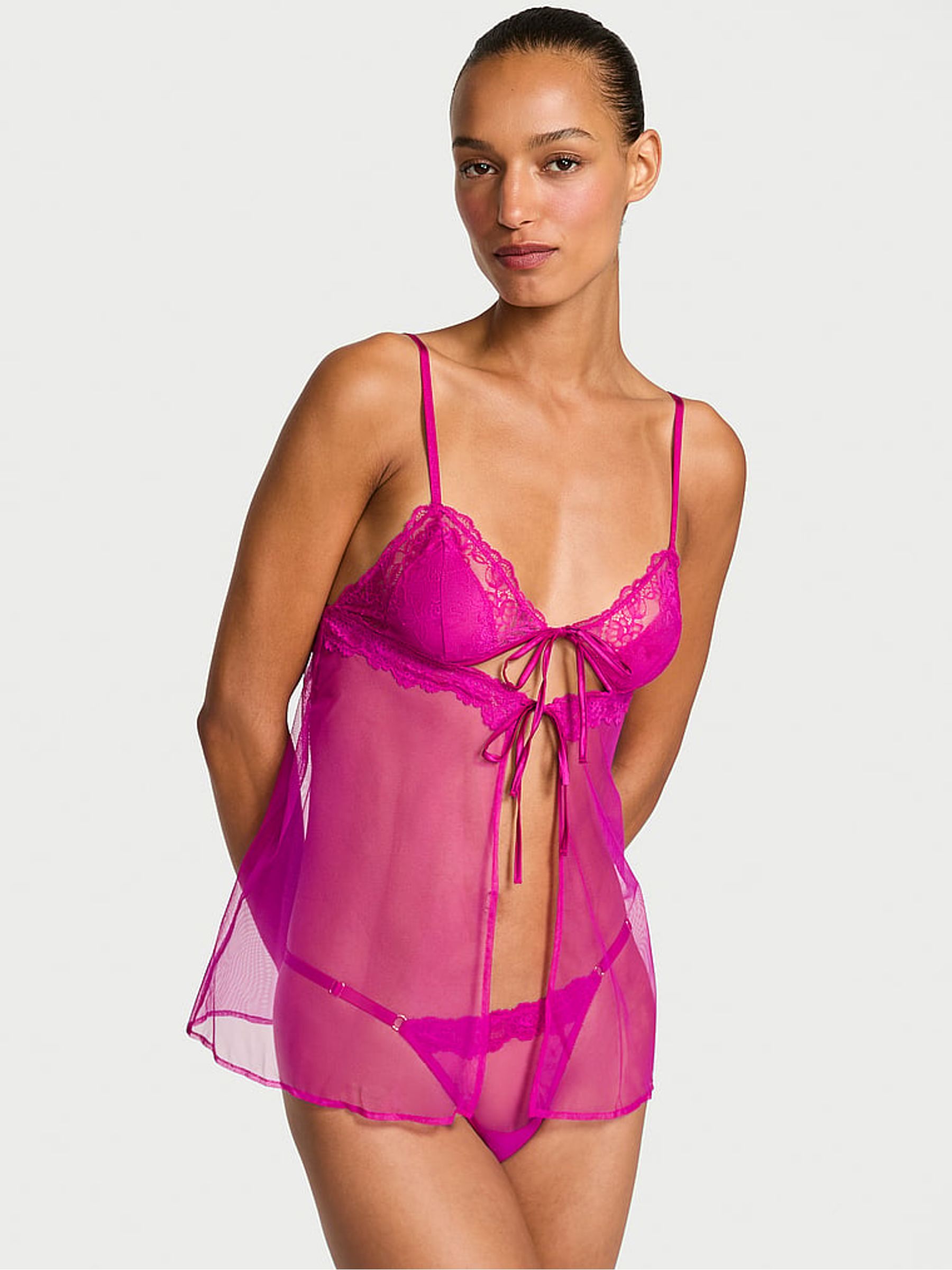 Berrylicious Purple Sheer Rose Lace Triangle Babydoll Set - Image 1 of 2 Berrylicious Purple Sheer Rose Lace Triangle Babydoll Set - Image 1 of 2