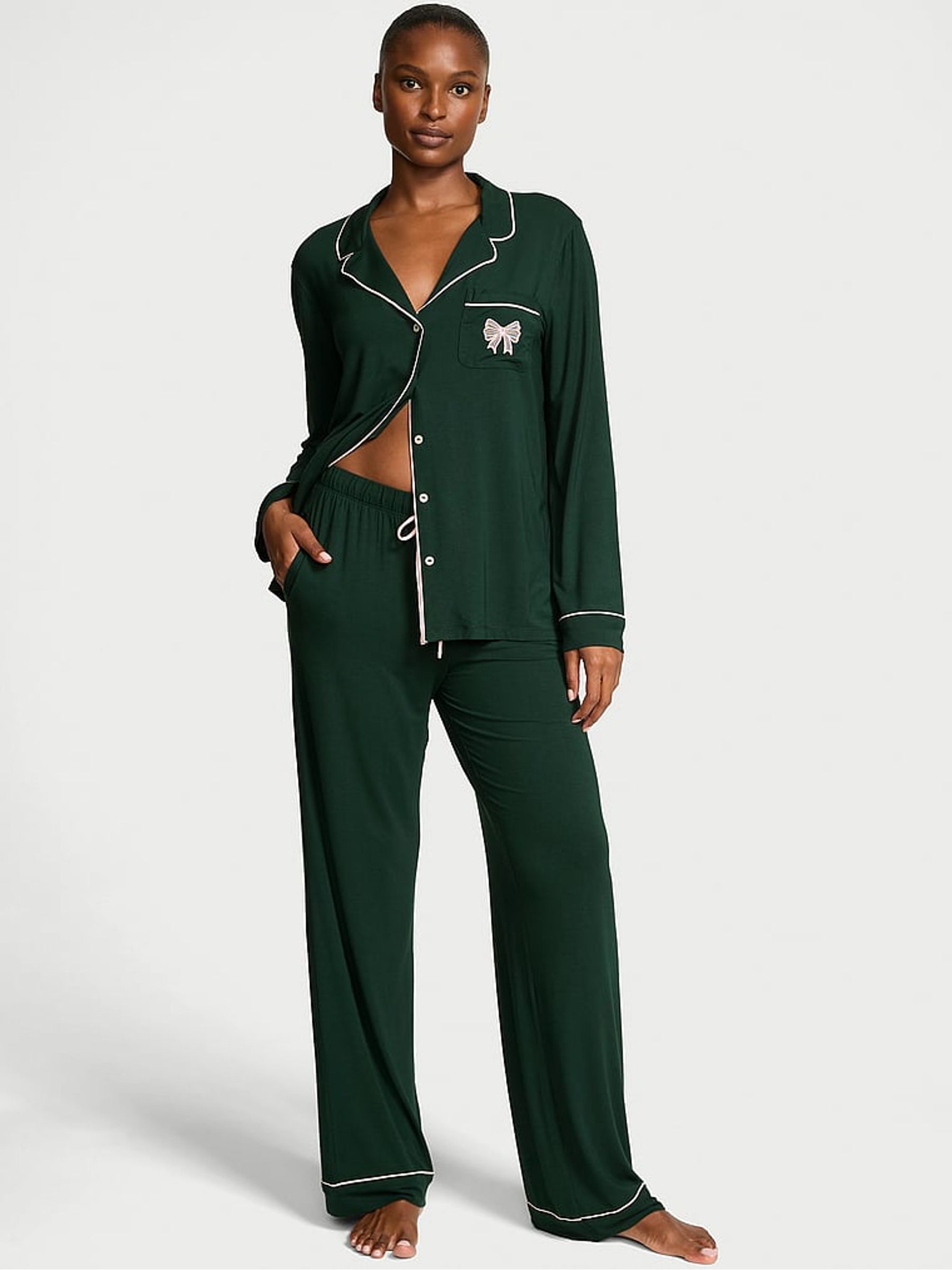 Cilantro Green Modal Bow Long Pyjamas Set - Image 1 of 3 Cilantro Green Modal Bow Long Pyjamas Set - Image 1 of 3