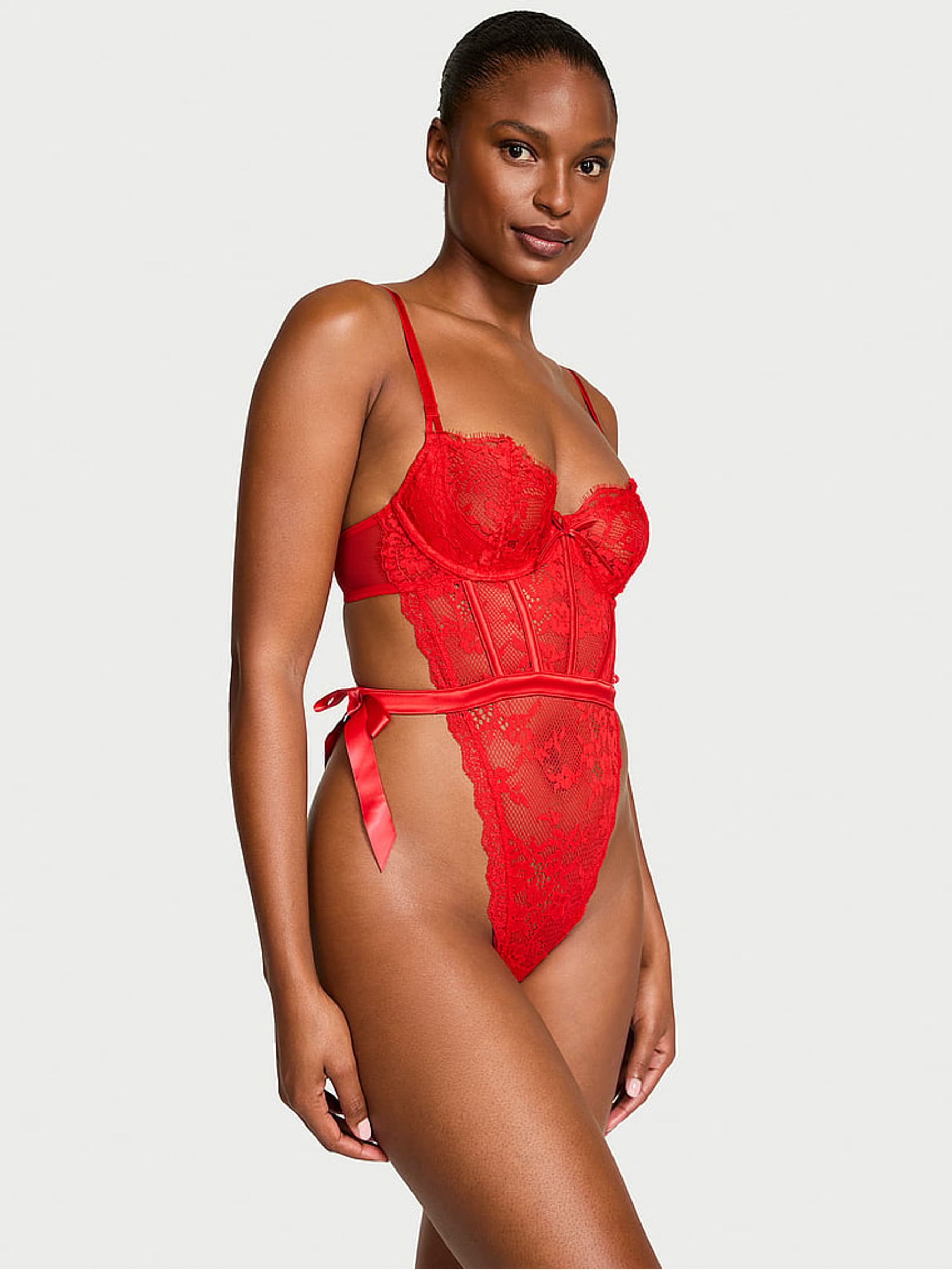 Bright Vermillion Red Unlined Lace Balcony Bodysuit - Image 1 of 2