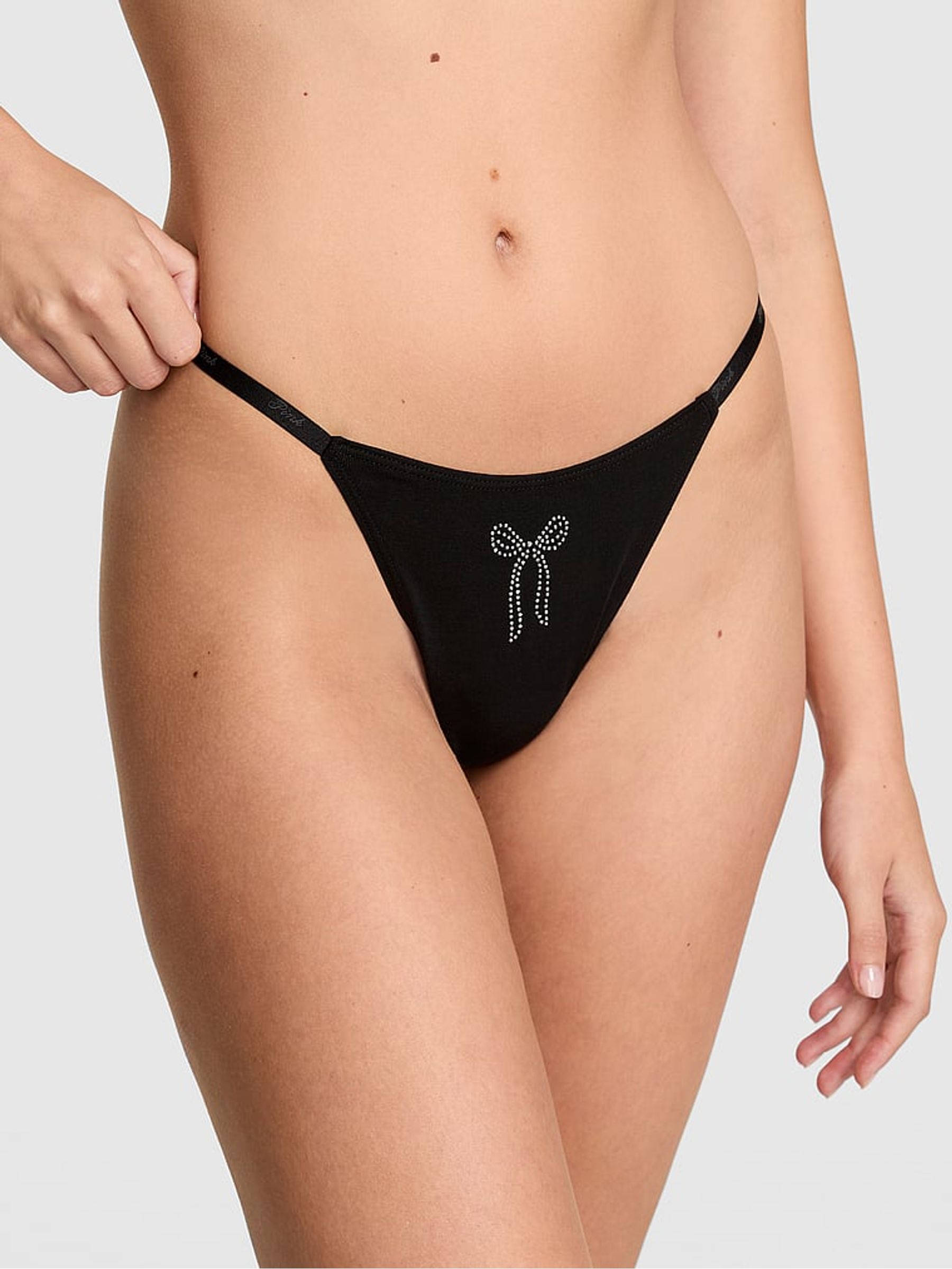 Black Diamanate Bow Thong Cotton Mini Logo Knickers - Image 1 of 2
