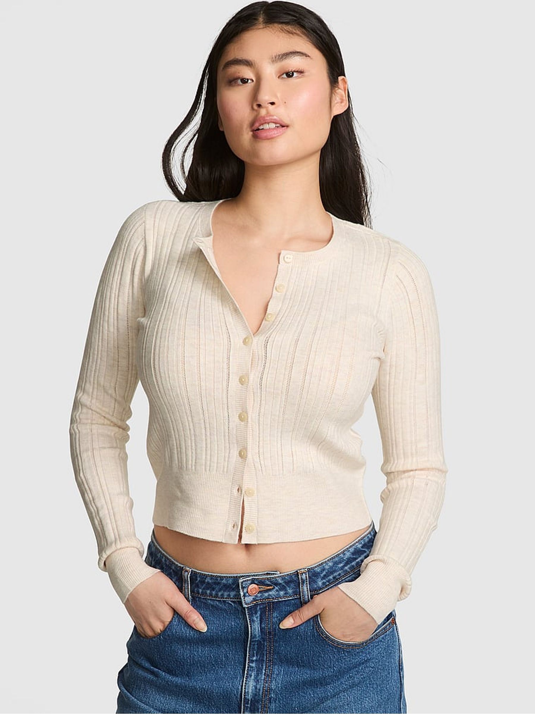 Natural Heather White Ribbed Cardigan - Image 1 of 2