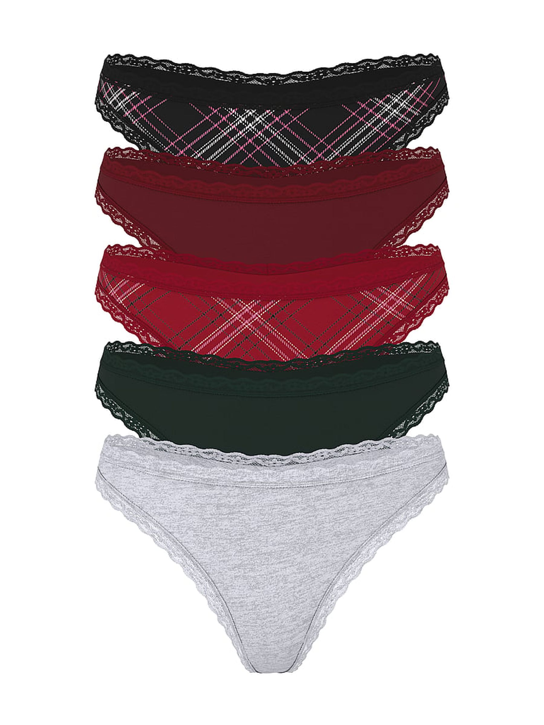 Black/Red/Green/Grey Thong 5 Pack Cotton Lace Trim Knickers - Image 1 of 1 Black/Red/Green/Grey Thong 5 Pack Cotton Lace Trim Knickers - Image 1 of 1