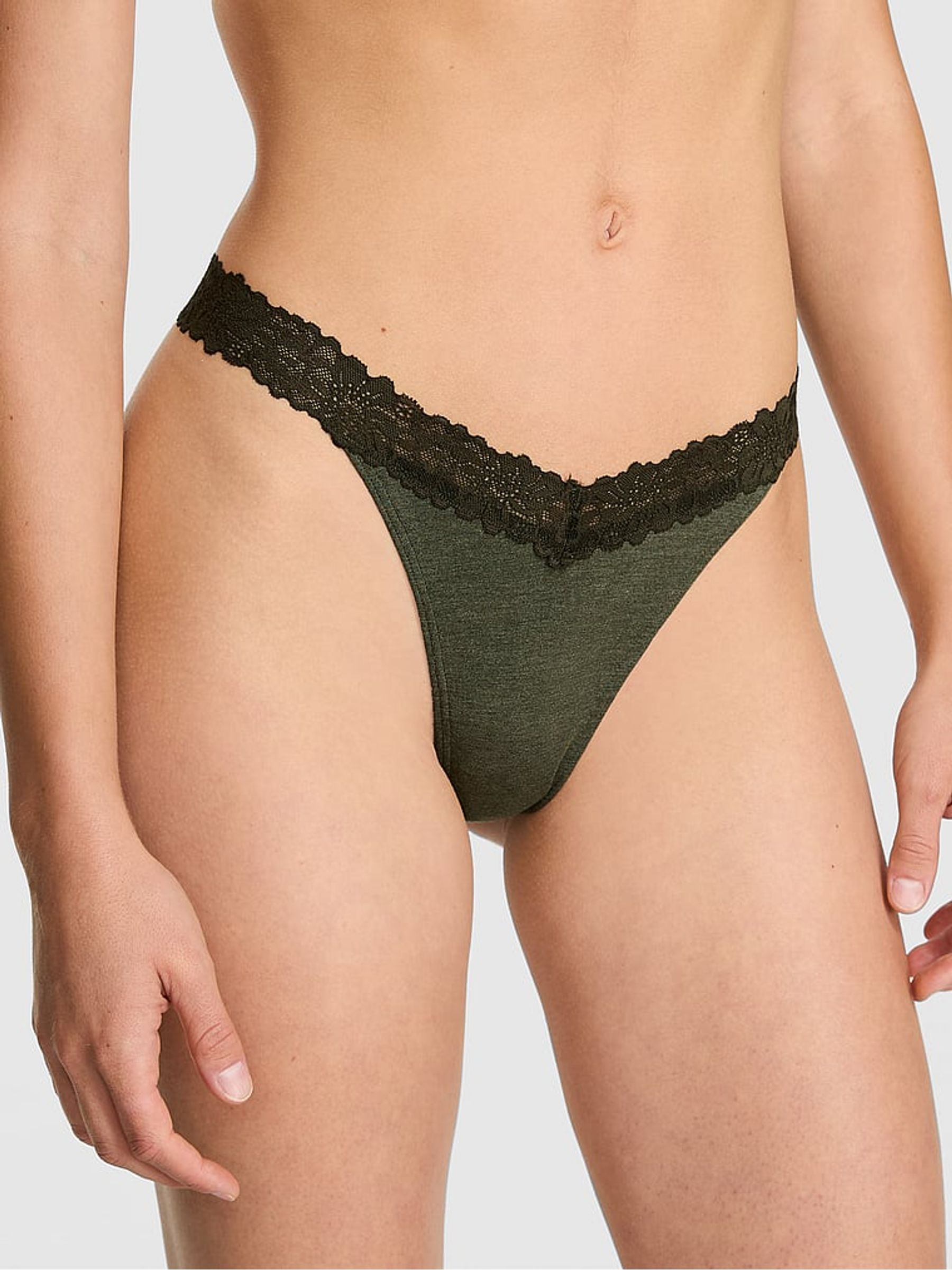 Forest Green Thong Cotton Heather Lace Trim Knickers - Image 1 of 2
