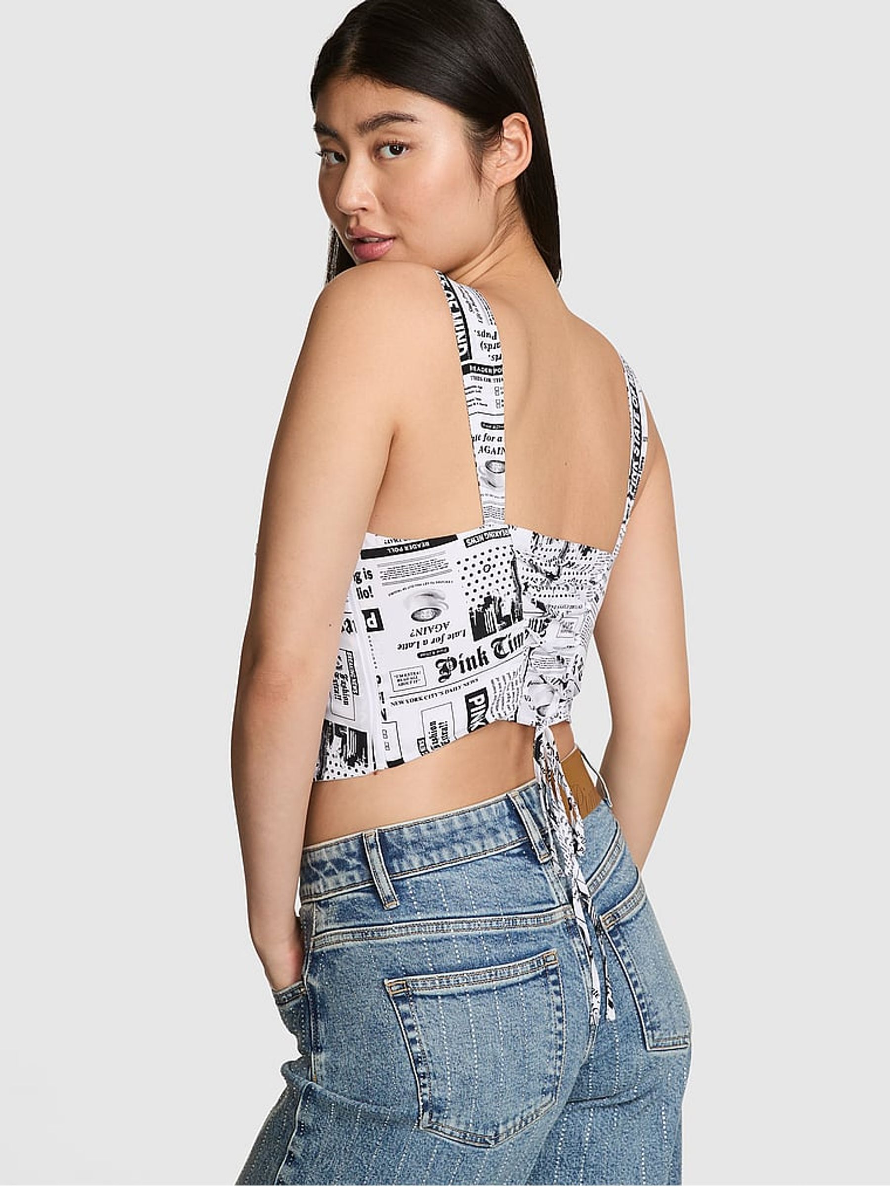 Black Newspaper Print Cropped Corset Top - Image 2 of 2