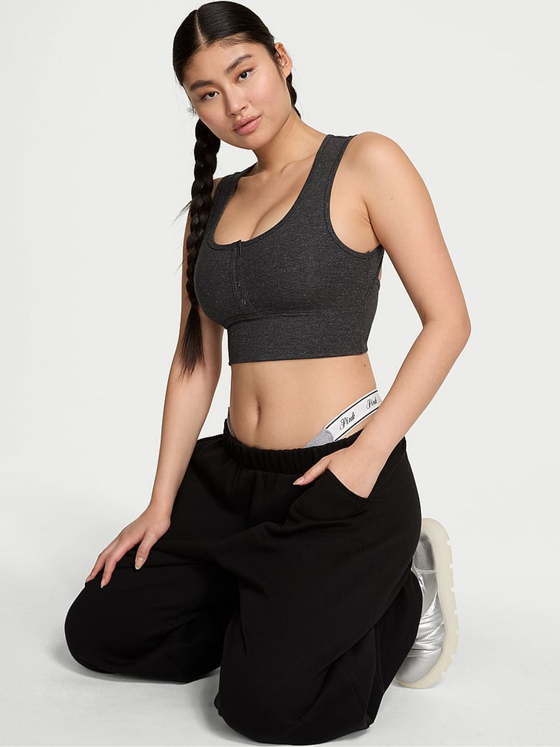 Charcoal Grey Open Back Sports Bra - Image 1 of 2 Charcoal Grey Open Back Sports Bra - Image 1 of 2