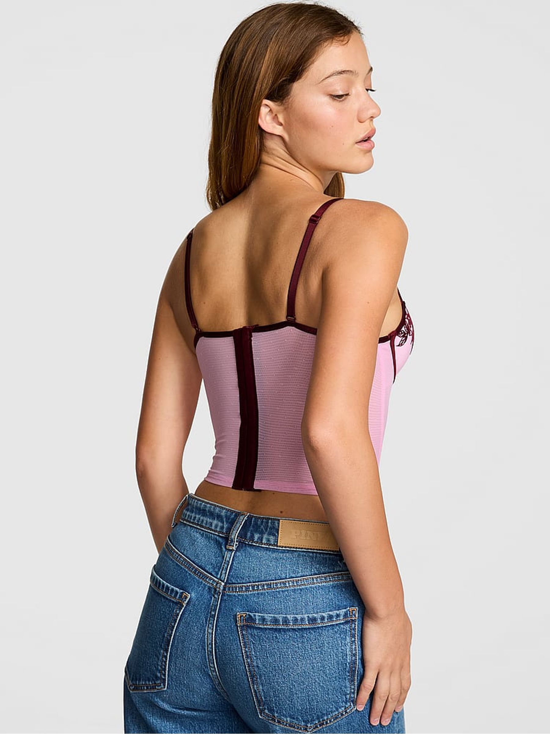 Burgandy Pink Rose Applique Mesh Corset - Image 2 of 2