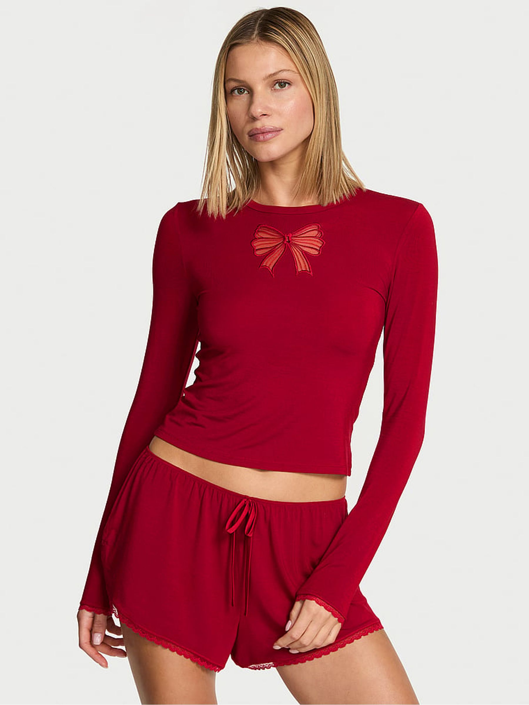 Red Lacquer Modal Bow Pyjamas Long Sleeve Top & Shorts Set - Image 1 of 2