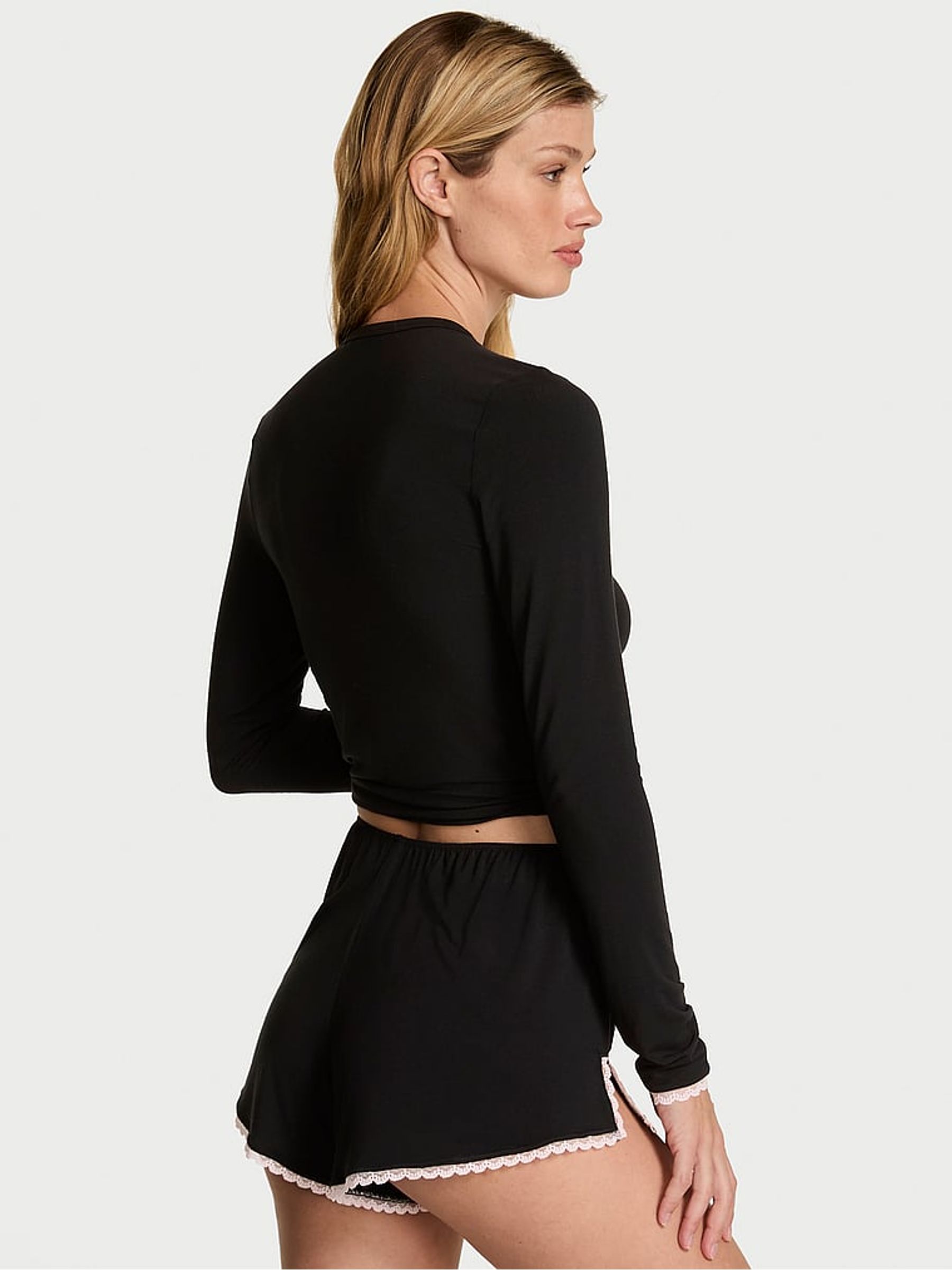 Black Modal Bow Pyjamas Long Sleeve Top & Shorts Set - Image 2 of 2