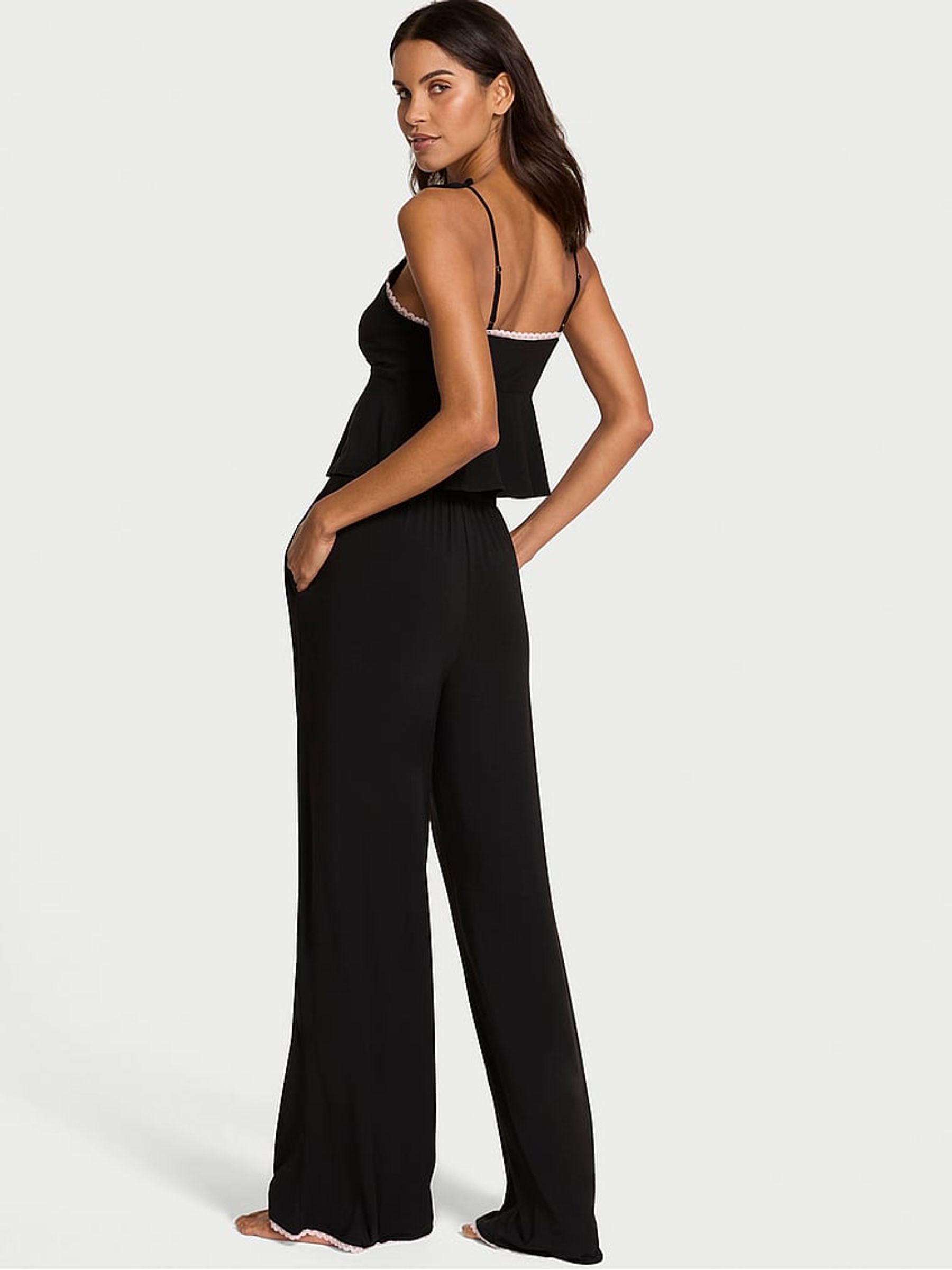 Black Modal Bow Cami & Wide Leg Trousers Set - Image 2 of 2