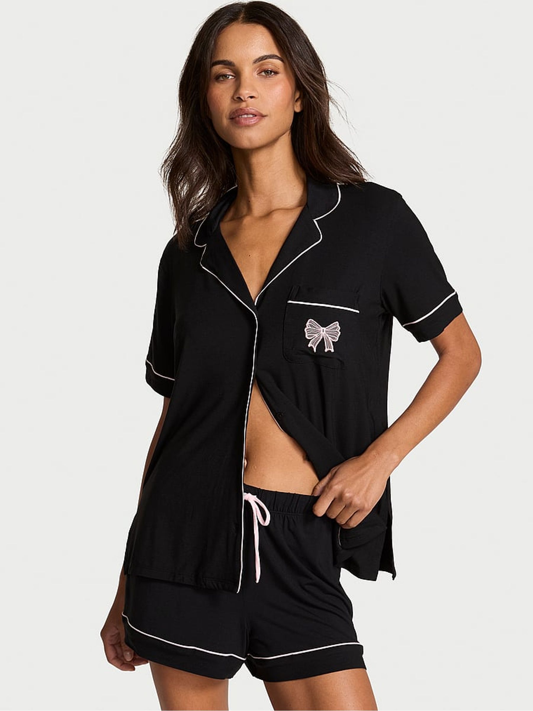 Black With Angel Pink Modal Bow Short Pyjamas Set - Image 1 of 2