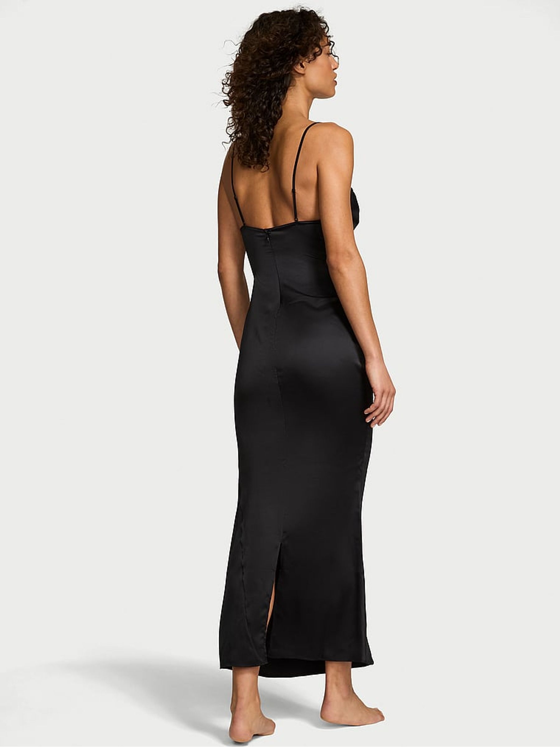 Black Satin Sparkle Draped Maxi Slip Dress - Image 2 of 2