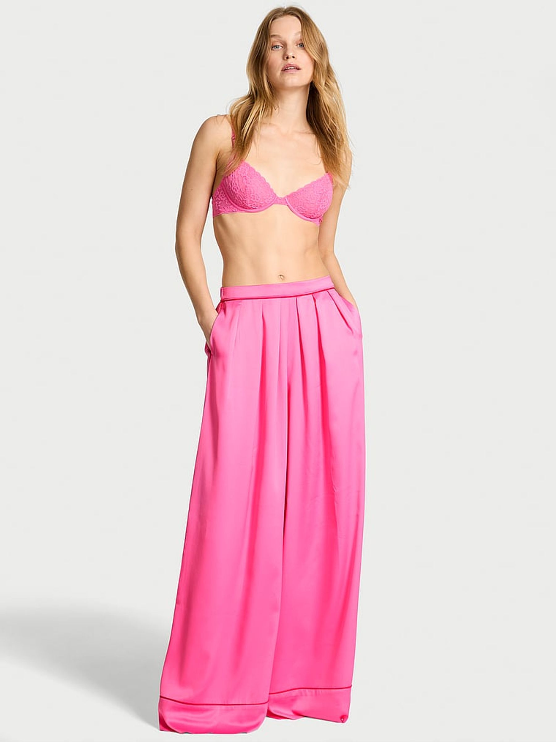 Hollywood Pink Satin Wide Leg Pyjama Trousers - Image 1 of 3