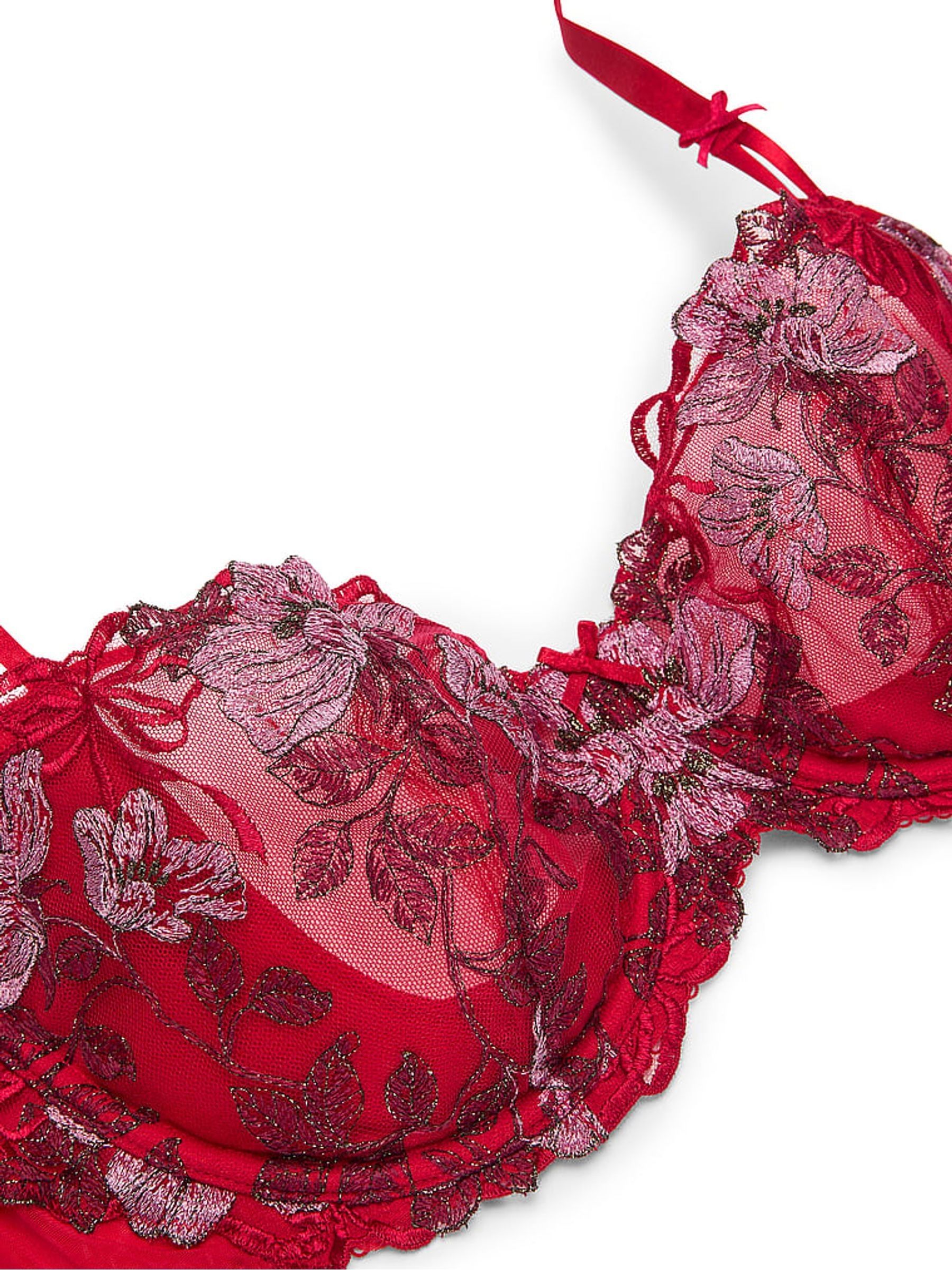 Red Unlined Balcony Beautiful Bows Embroidery Bra - Image 4 of 4