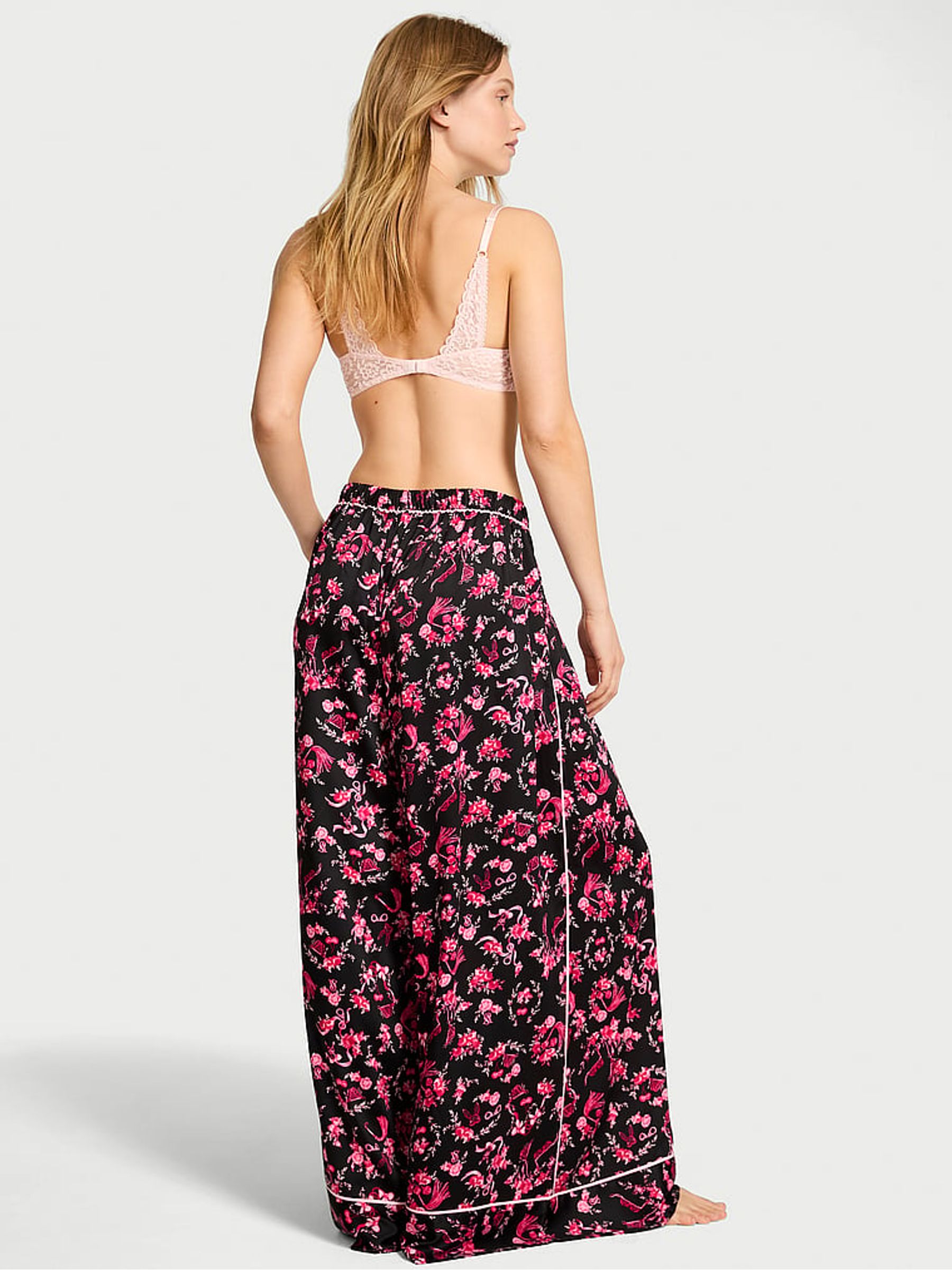 Black Floral Print Satin Wide Leg Pyjama Trousers - Image 2 of 2