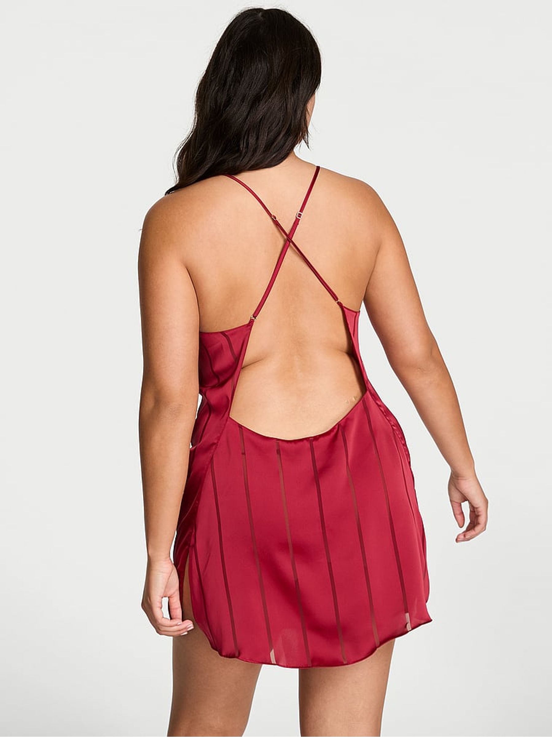 Red Lacquer Satin Sheer Stripe Open Back Slip Dress - Image 2 of 3