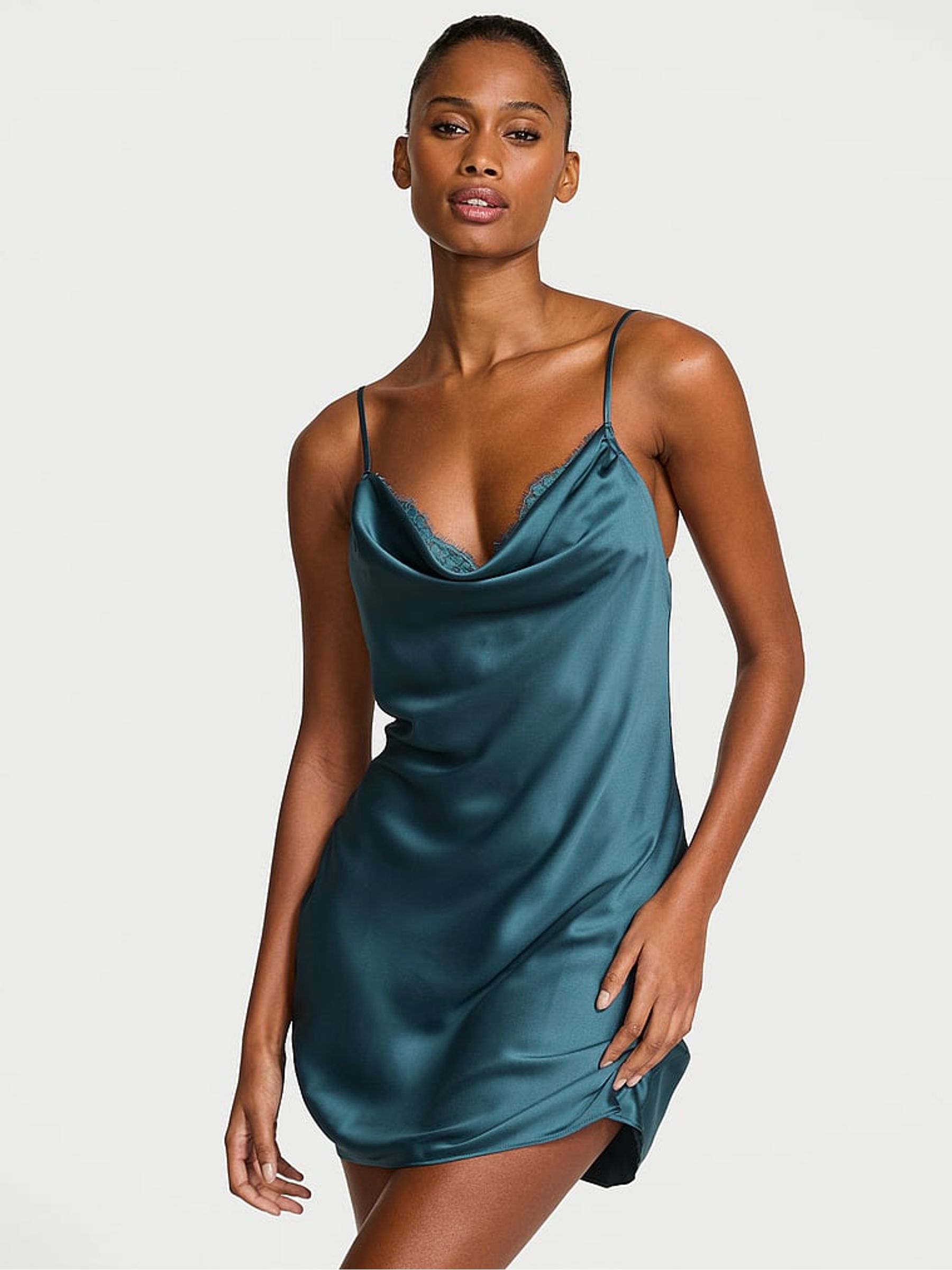 Teal Haze Blue Satin Lace Trim Draped Slip Dress - Image 1 of 2