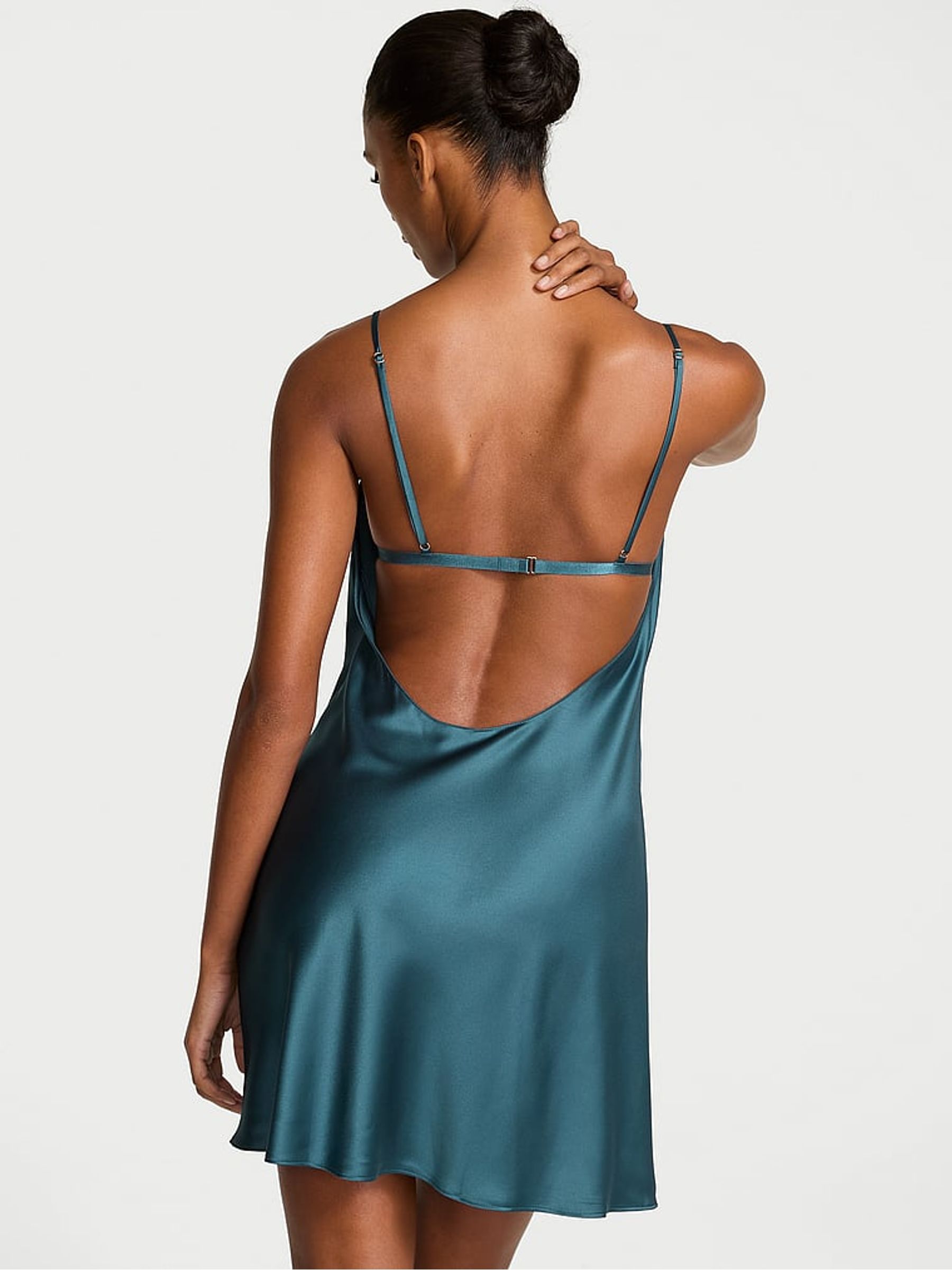 Teal Haze Blue Satin Lace Trim Draped Slip Dress - Image 2 of 2