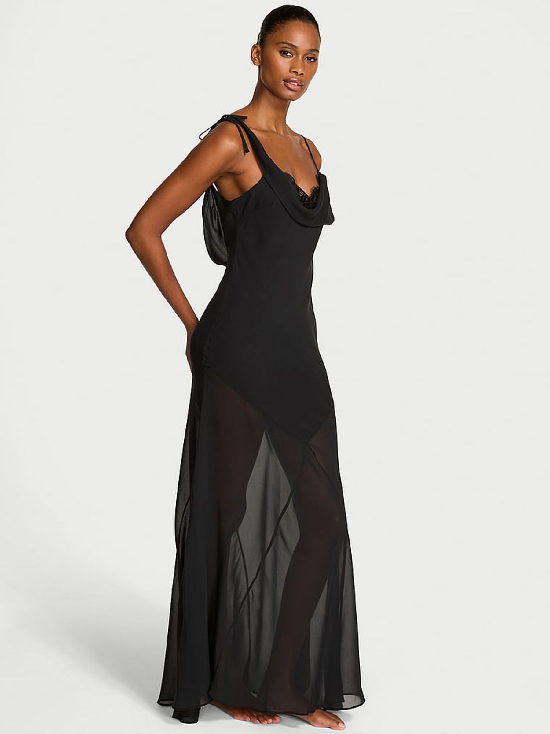 Black Chiffon & Lace Draped Slip Gown - Image 2 of 3