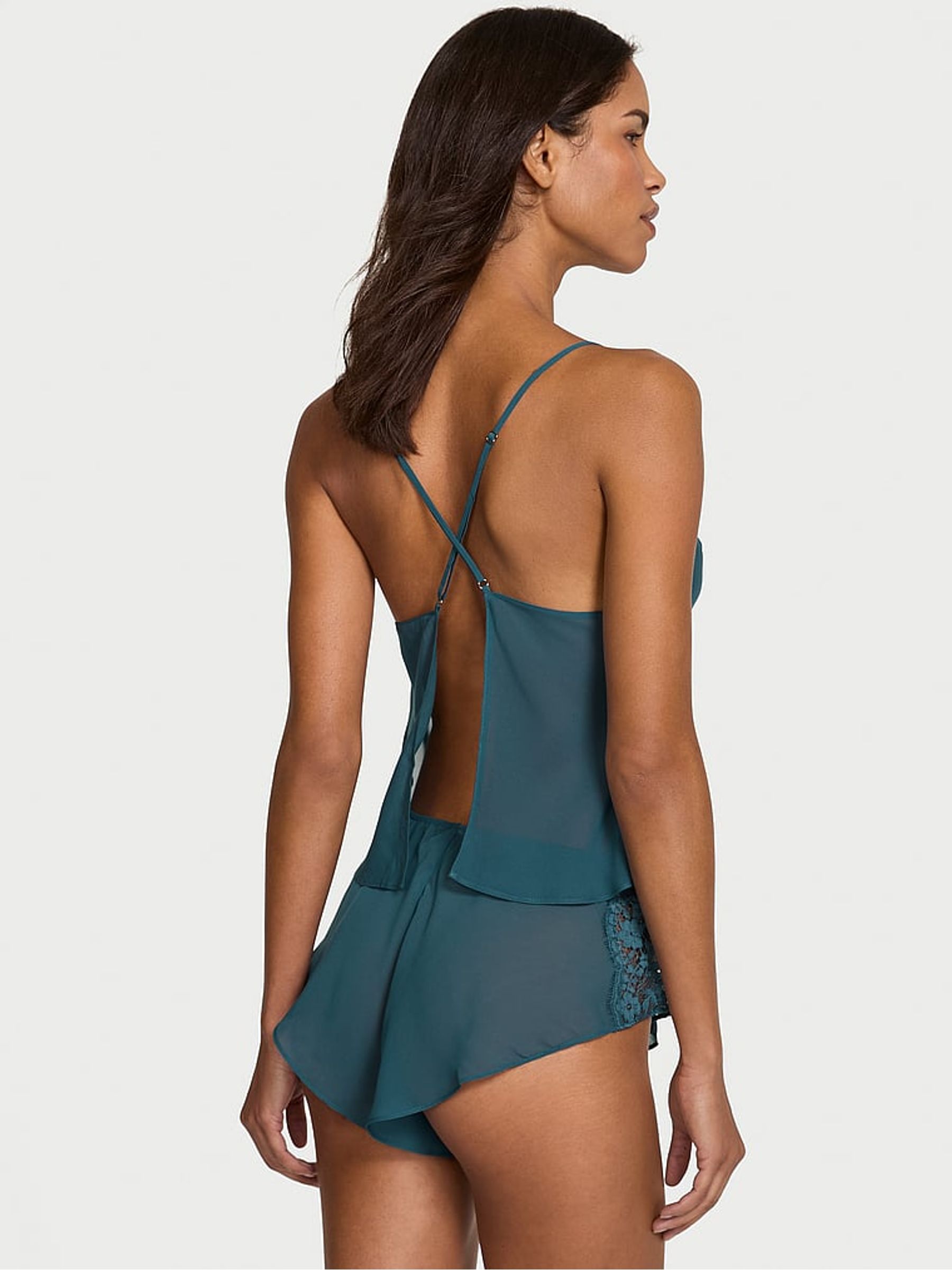 Teal Haze Blue Chiffon & Lace Open Back Flutter Cami Set - Image 2 of 3